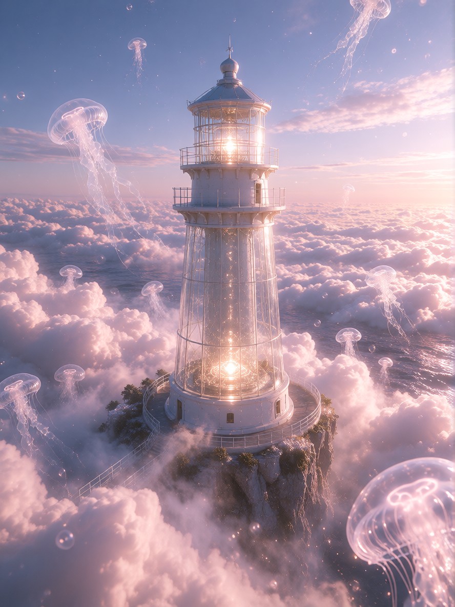 Majestic Glass Lighthouse Above Dreamy Clouds — AI generated image
