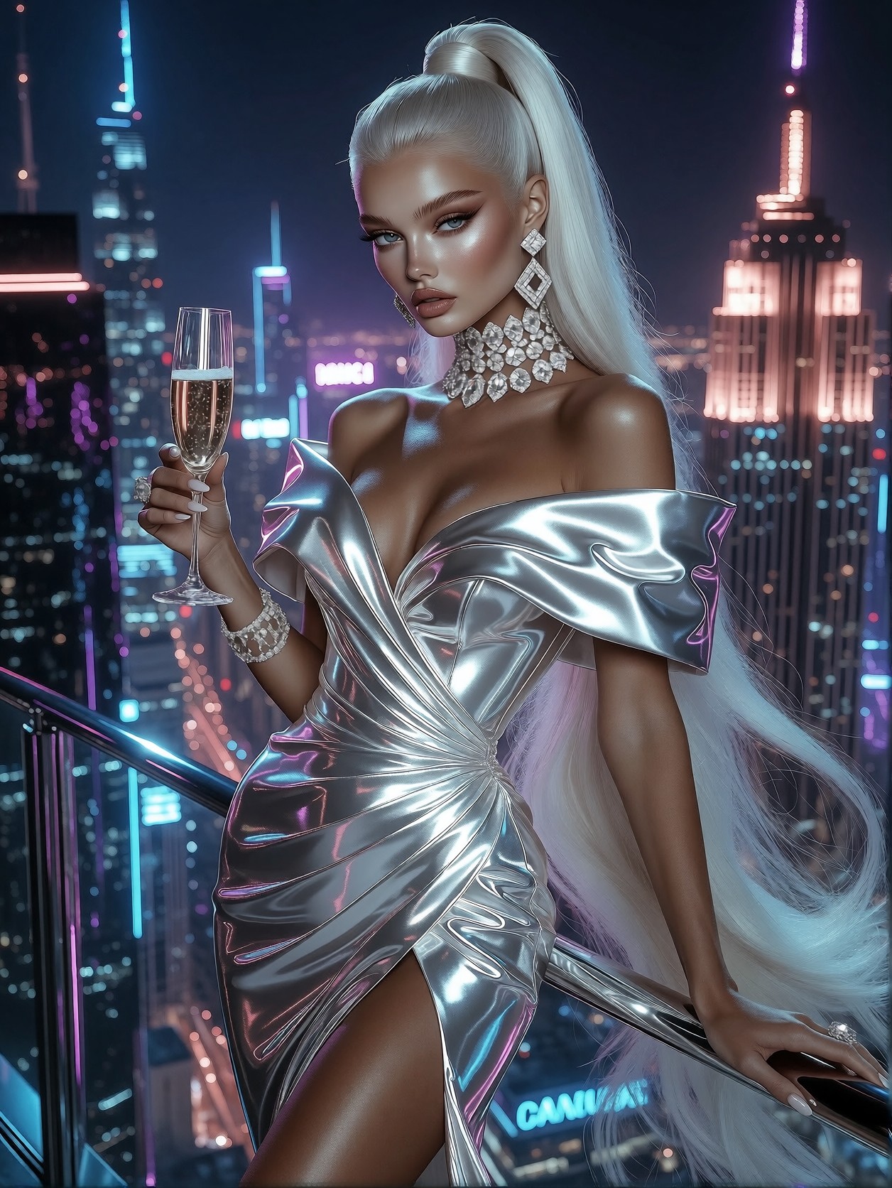 Glamorous Woman in Silver Gown Against Neon City Skyline — AI generated image