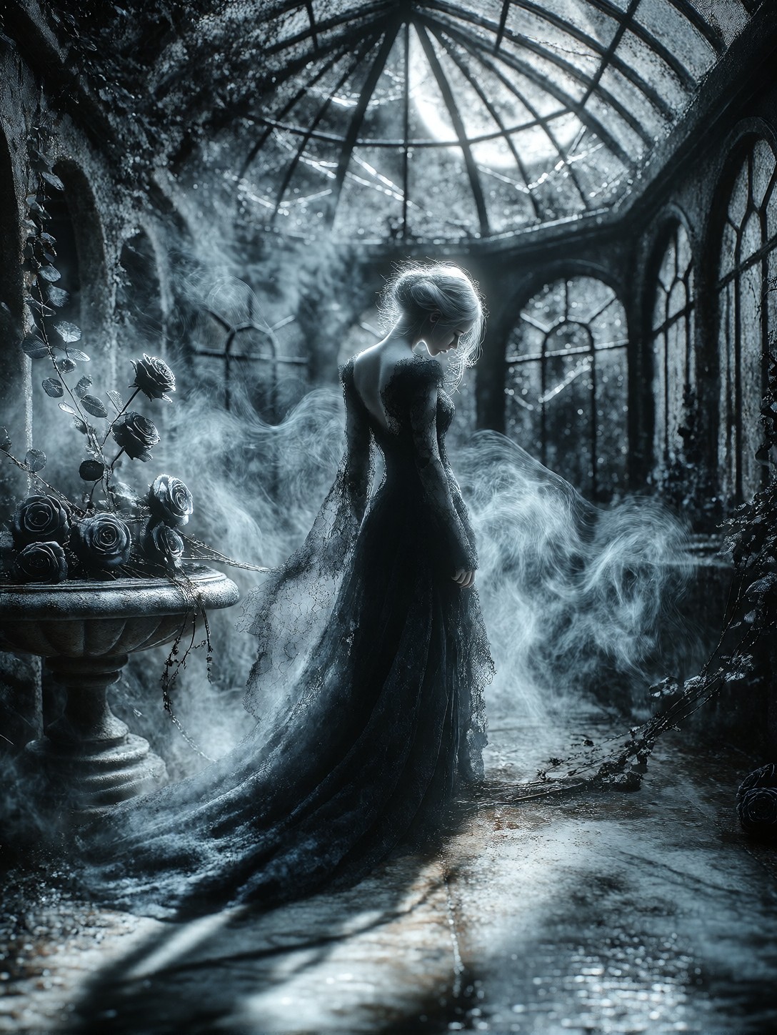 Ghostly Figure In Tattered Lace Gown — AI generated image