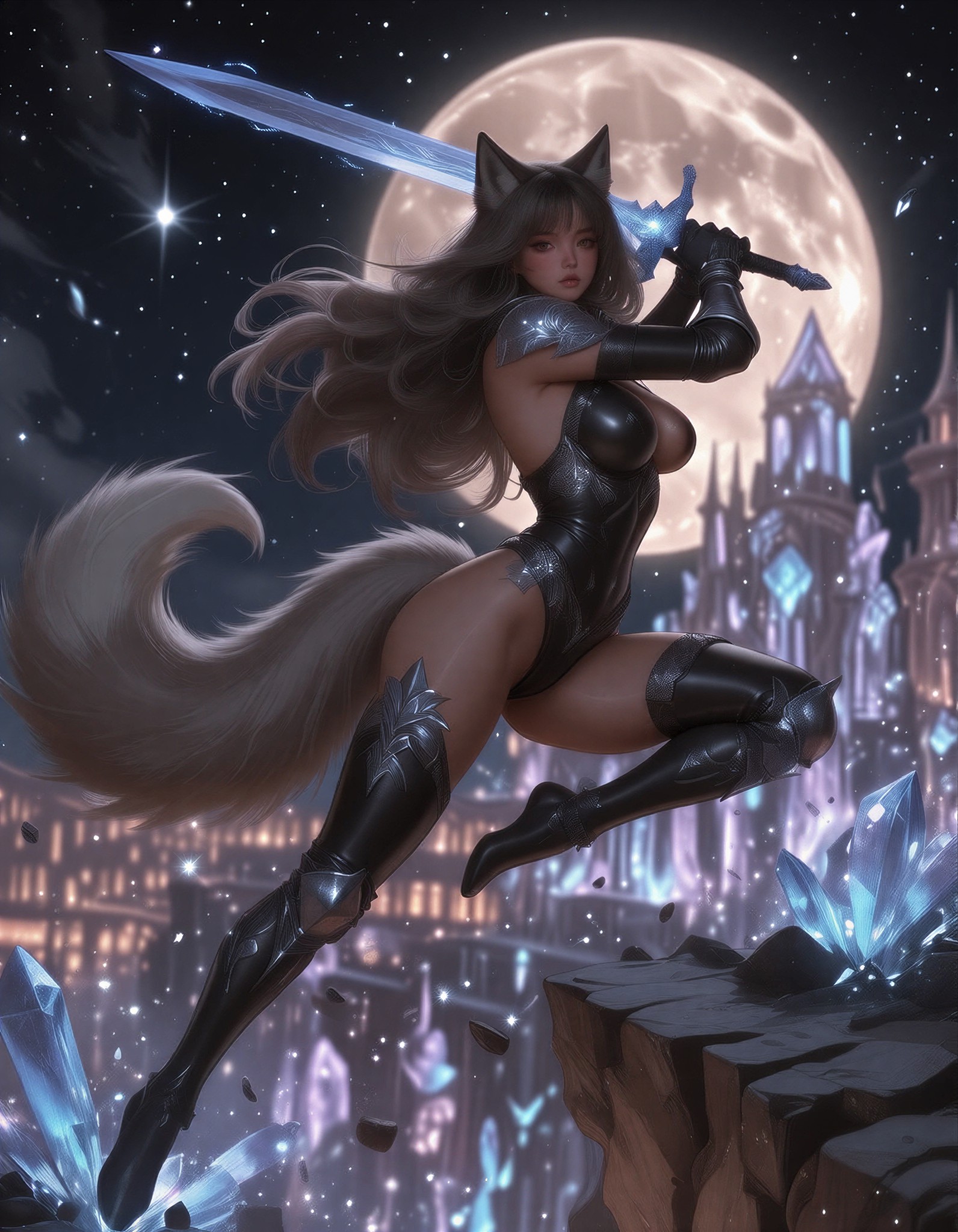 Anime Warrior Leaping with Celestial Sword — AI generated image