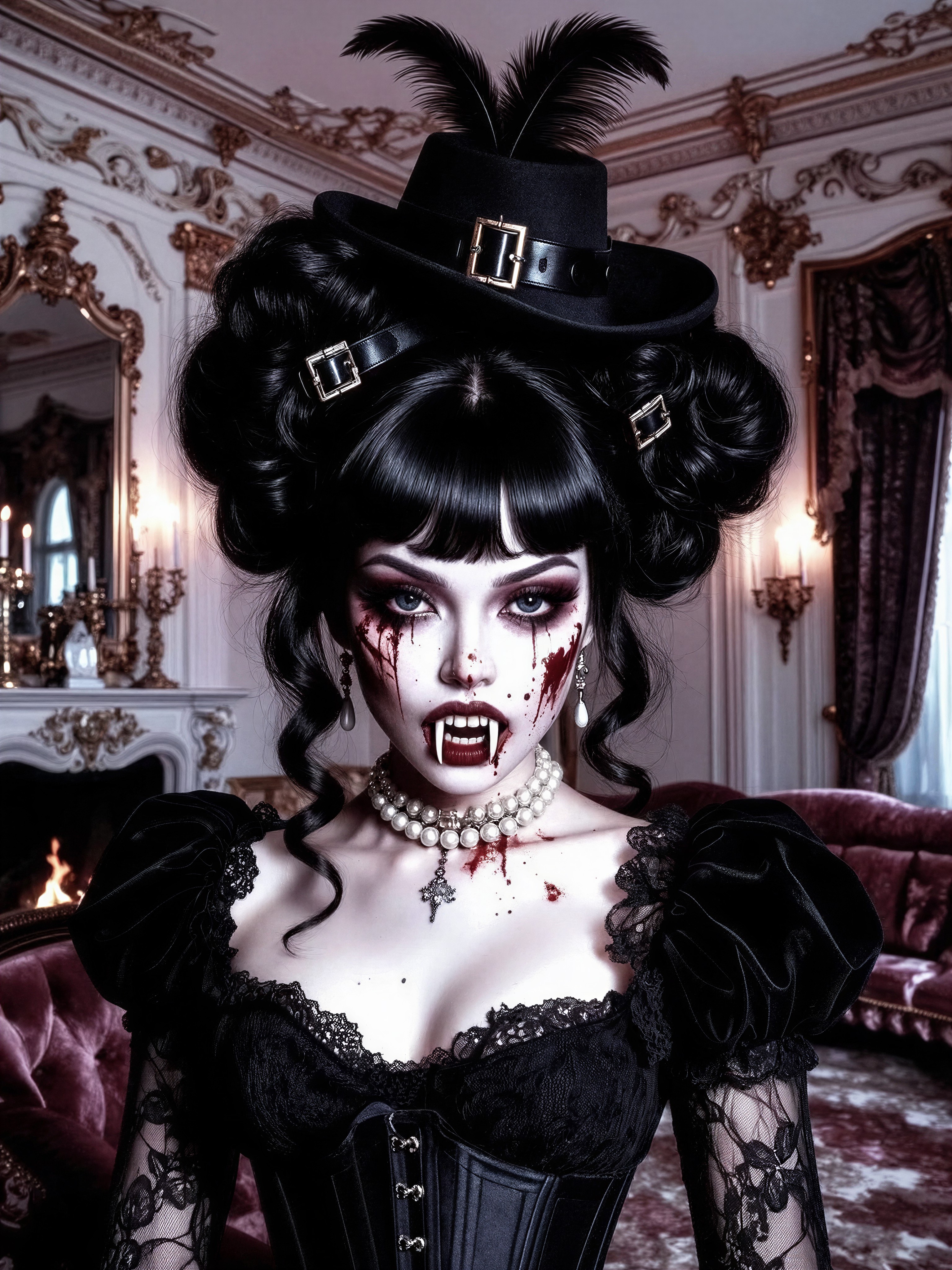 Blood-Splattered Vampire in Baroque Elegance — AI generated image