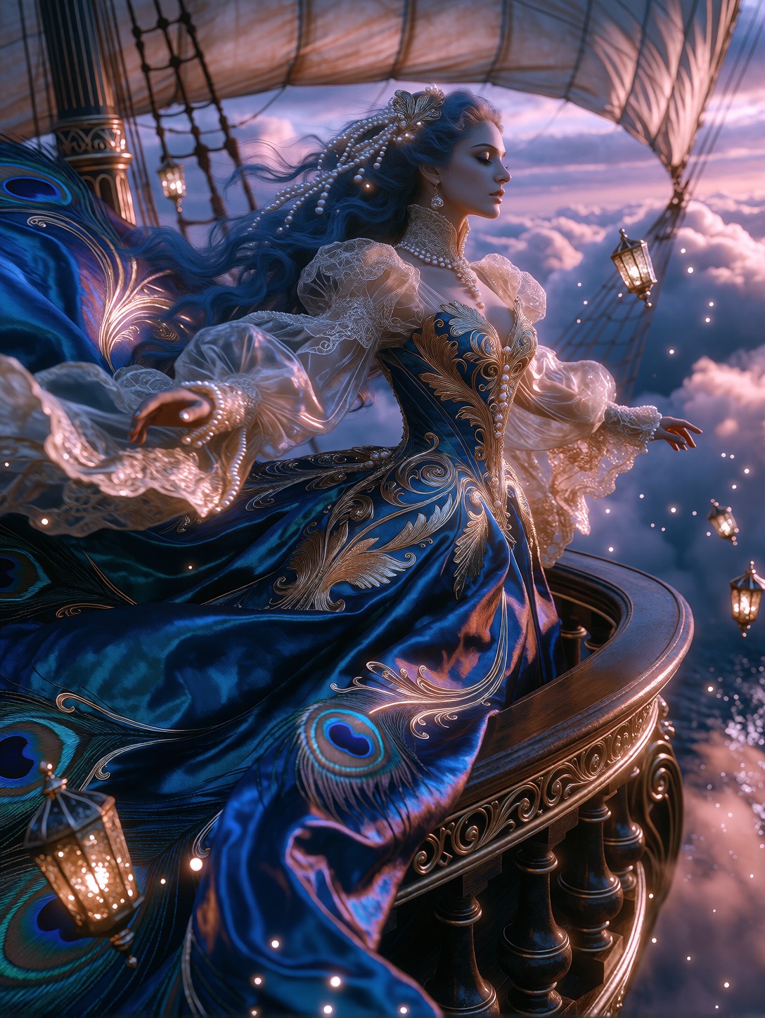 Majestic Performer On Ornate Flying Galleon Balcony — AI generated image