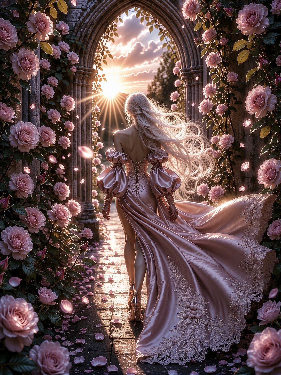 Ethereal Figure Crossing Blossoming Cathedral Archway — AI generated image