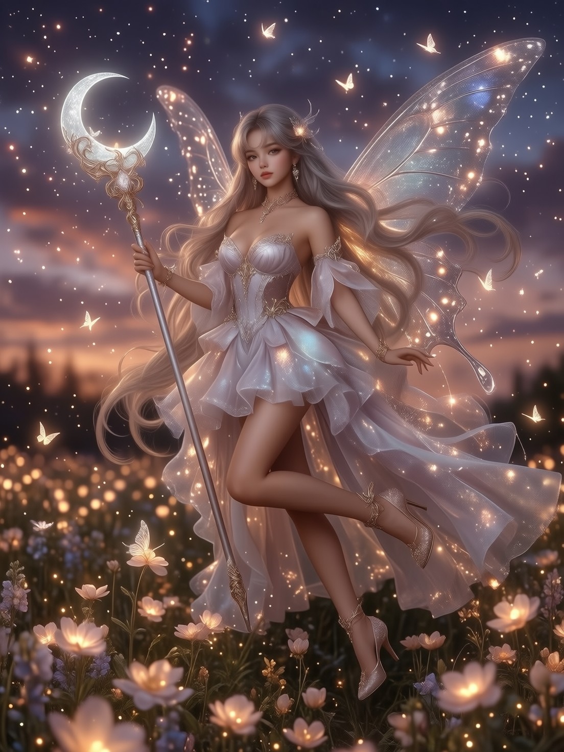 Twilight Magical Girl with Moon Staff — AI generated image