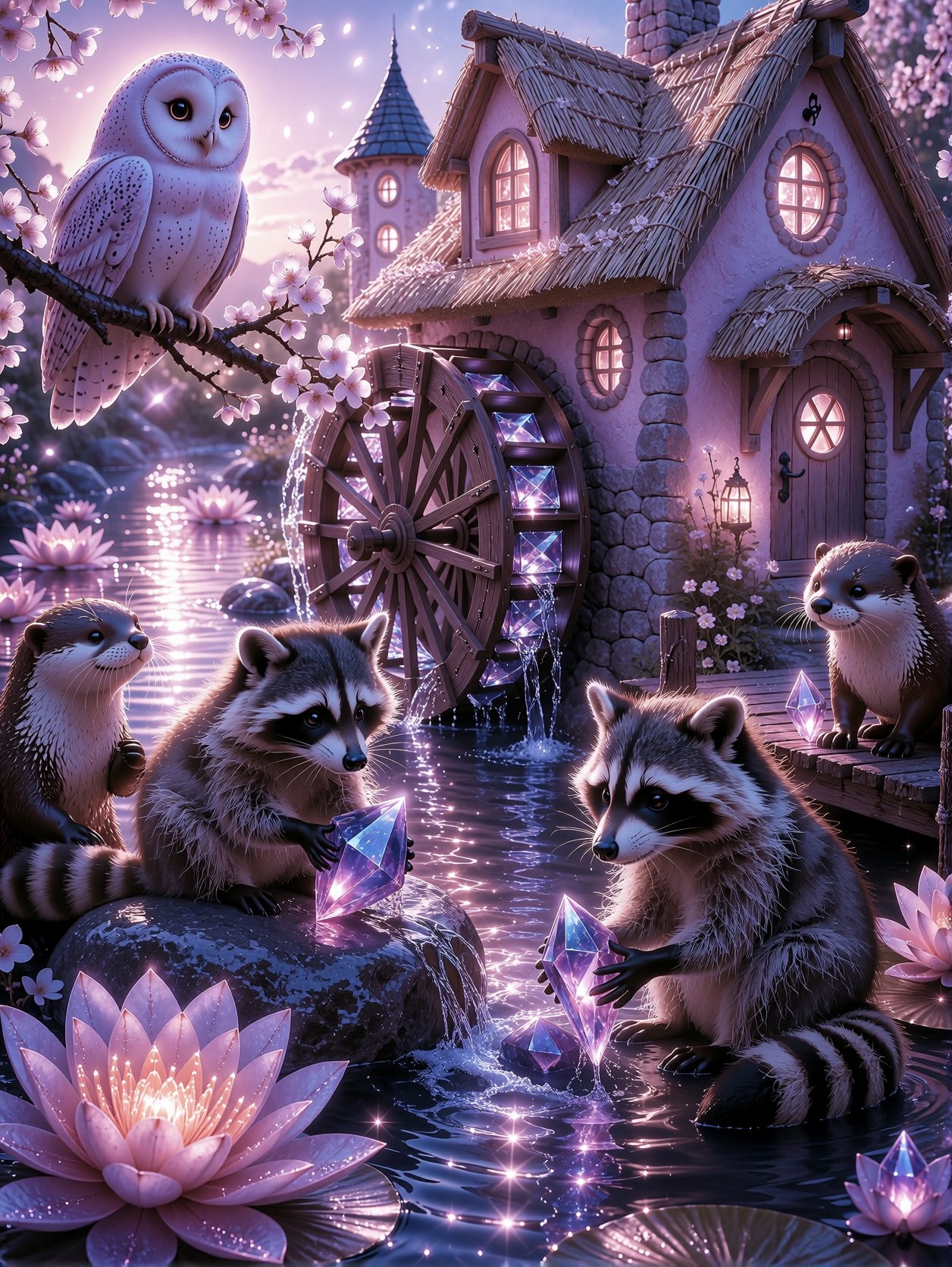 Whimsical Pastel Watermill With Glowing River — AI generated image