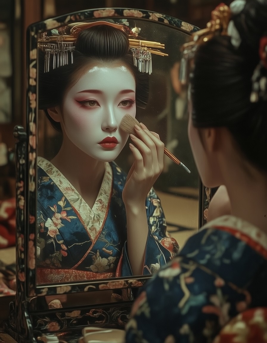 Geisha Applying Makeup in Traditional Room — AI generated image