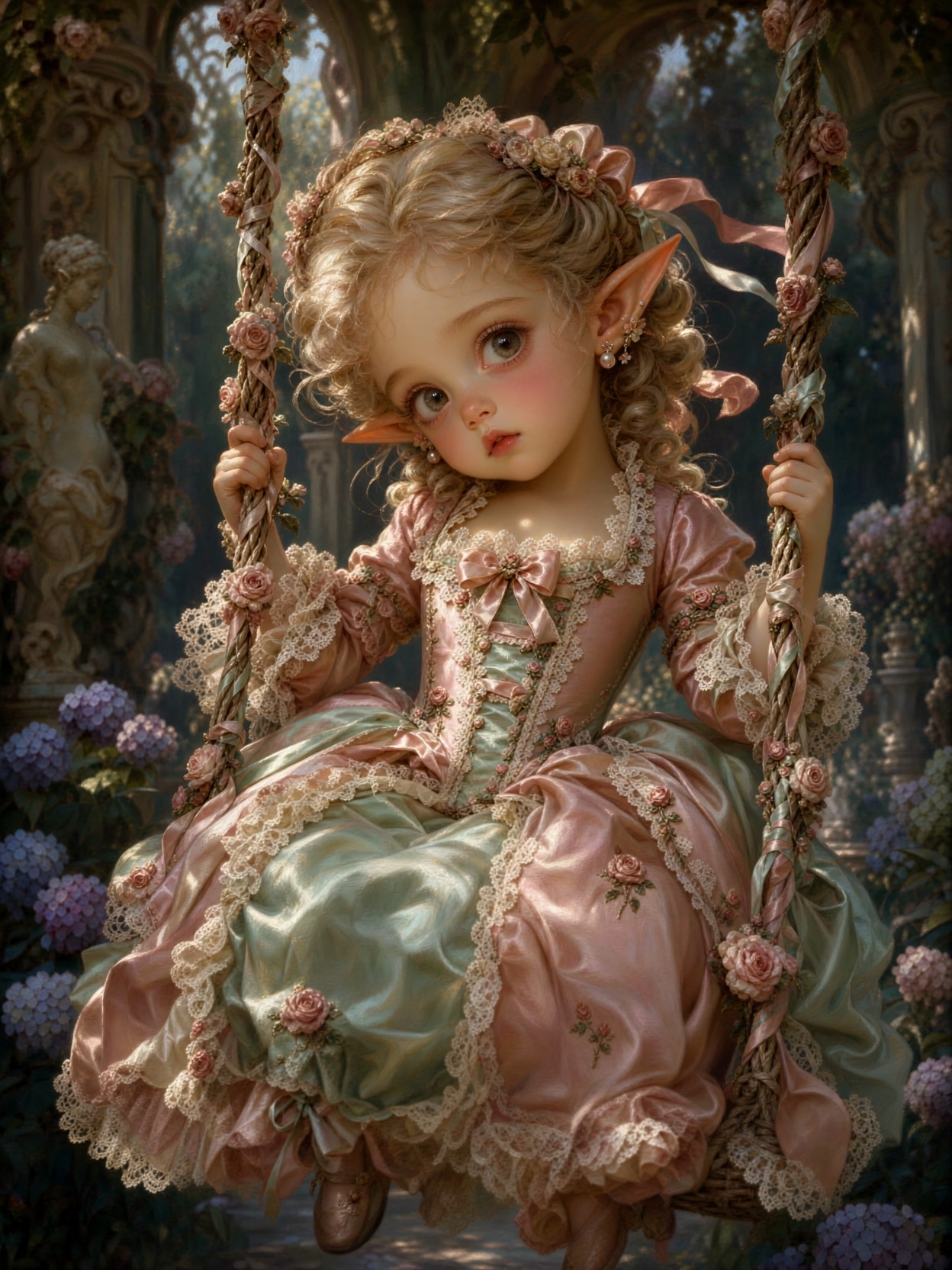 Rococo Elven Girl On Rose Swing — AI generated image
