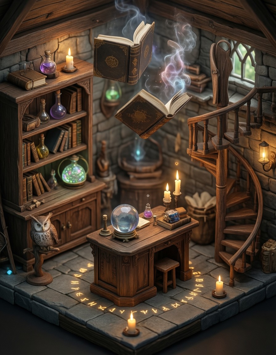 Isometric Wizard's Study Cozy Fantasy Miniature — AI generated image