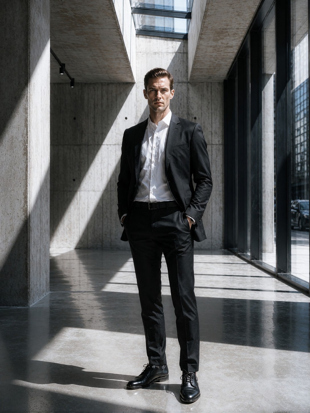 Tall Architect In Minimalist Concrete Atrium — AI generated image