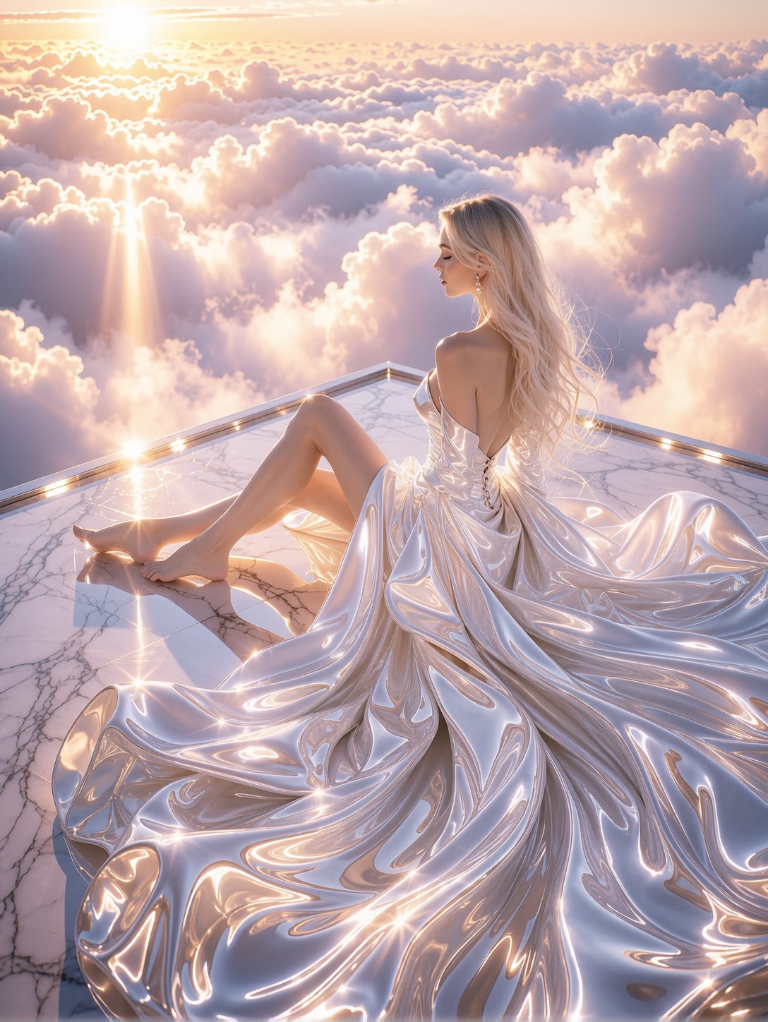 Silver Gown Above Golden Clouds — AI generated image