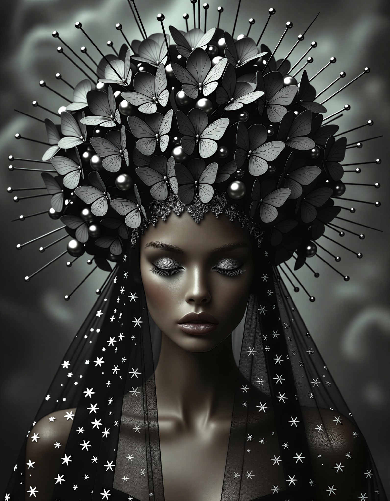 Elegant Gothic Figure with Skeletal Butterfly Headdress — AI generated image
