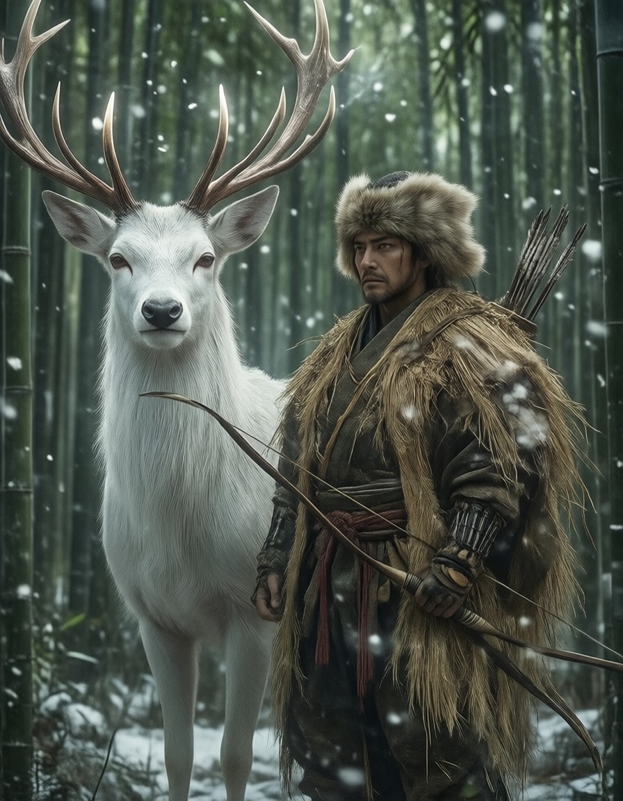 Rugged Hunter and Spirit Deer in Winter Bamboo — AI generated image