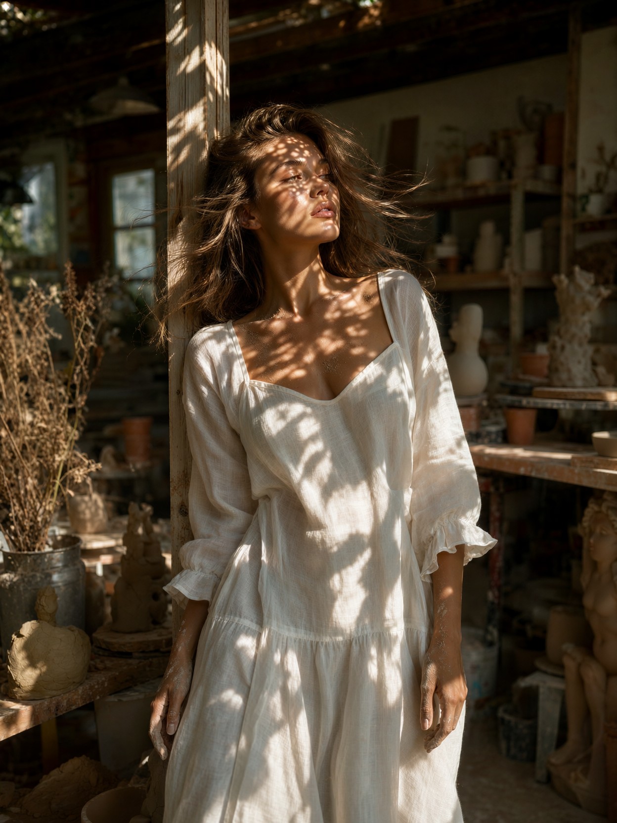 Sunlit Woman In Rustic Pottery Studio — AI generated image