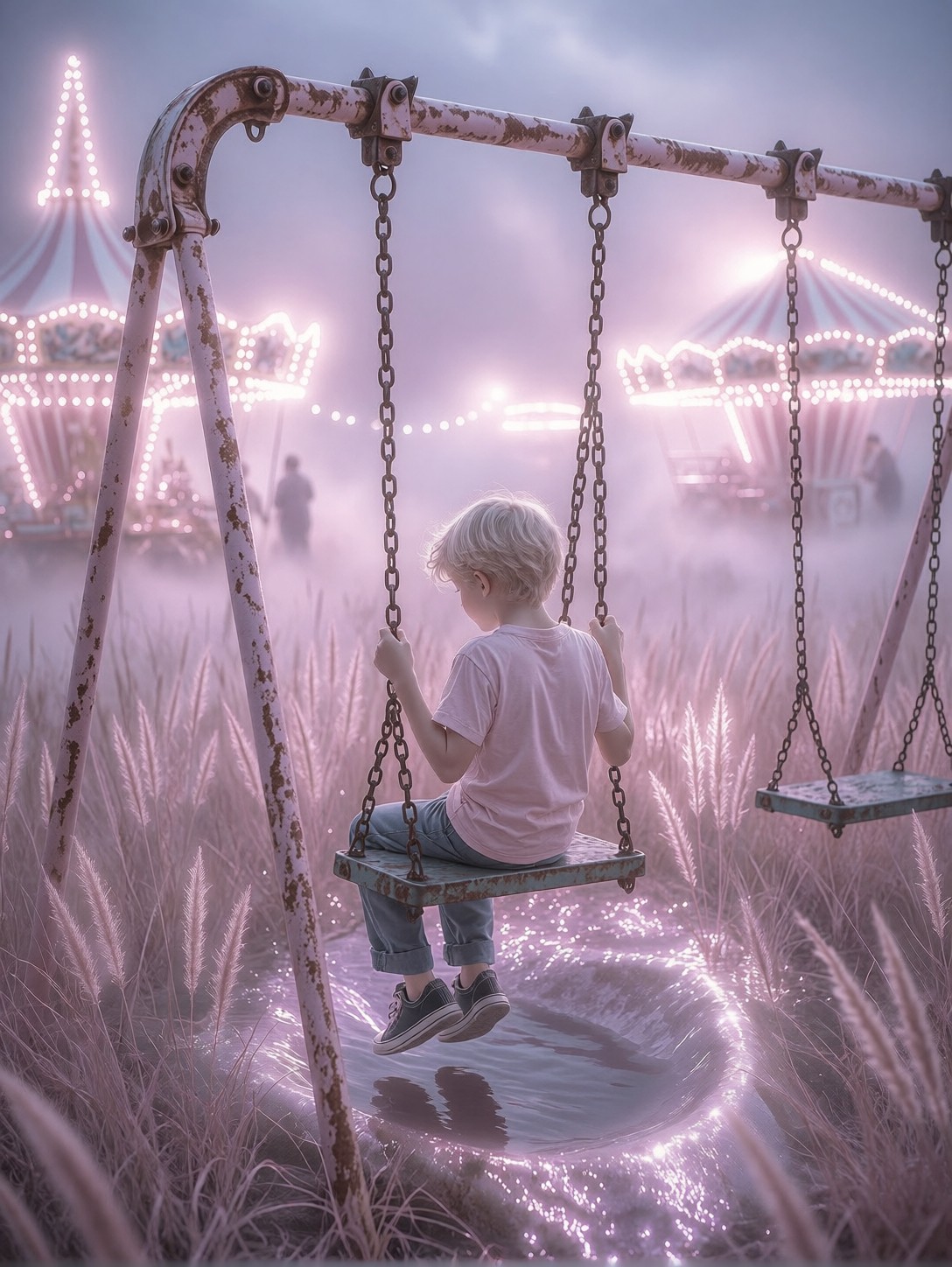 Boy on Swing in Pink Mist — AI generated image