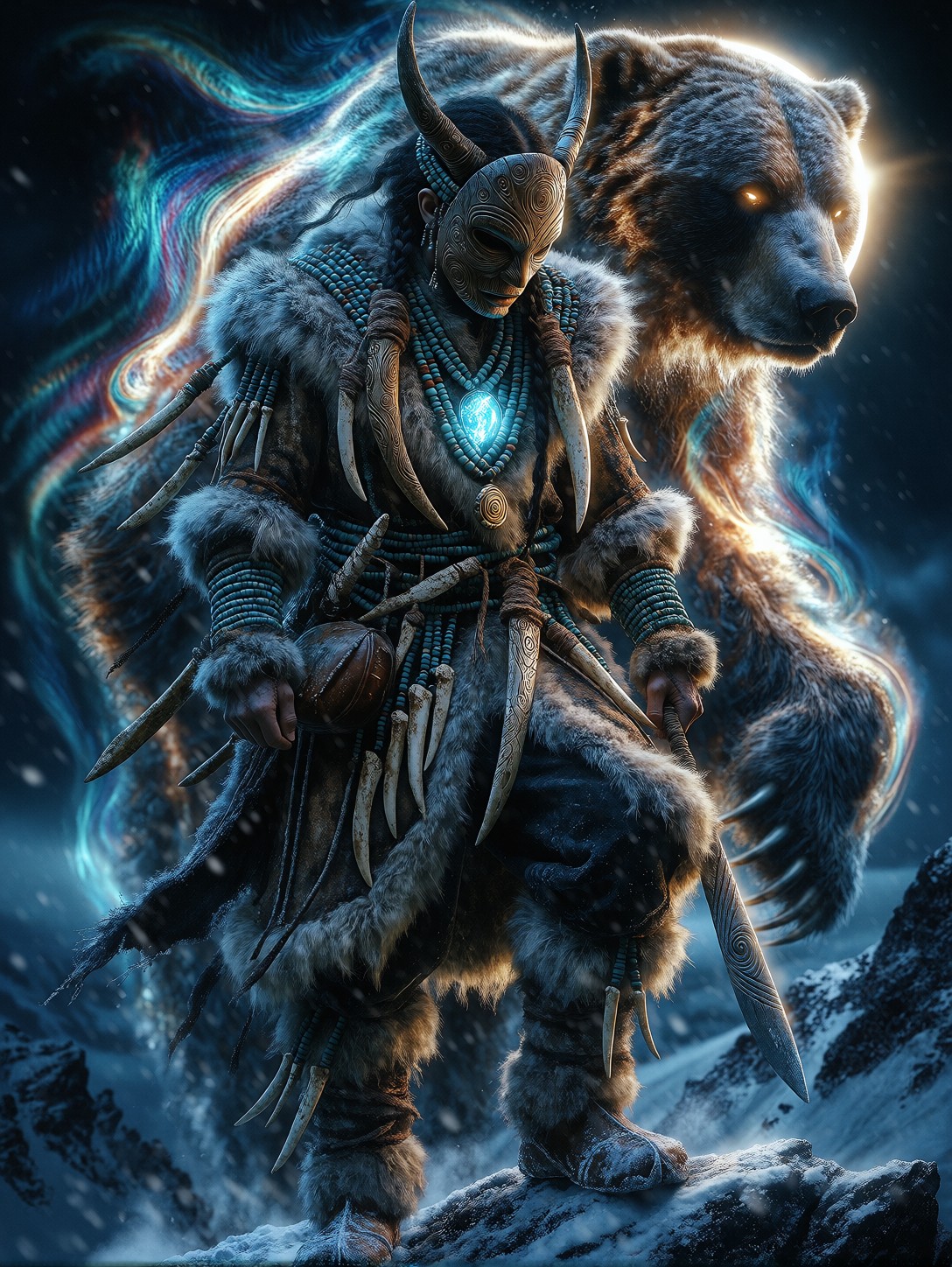 Rugged Shaman Against Spirit Bear Eclipse — AI generated image