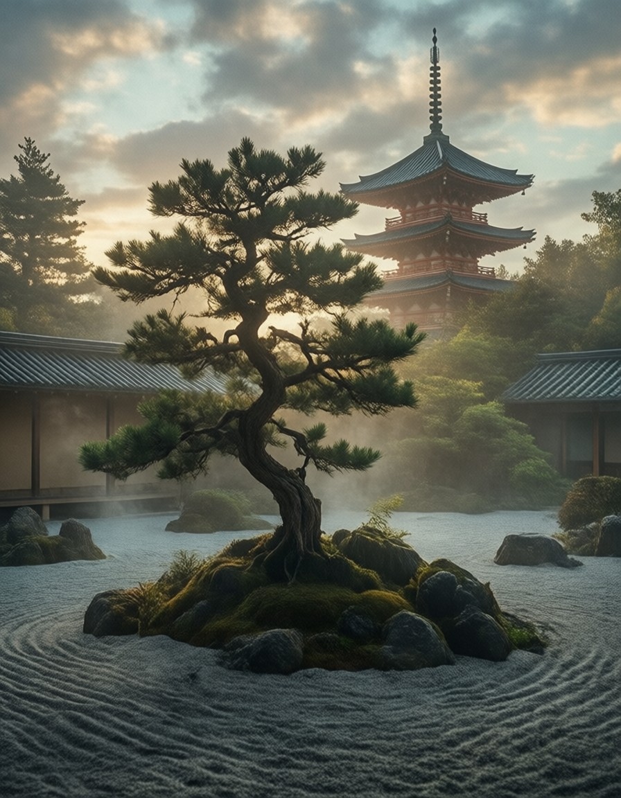 Serene Zen Garden with Bonsai and Pagoda — AI generated image