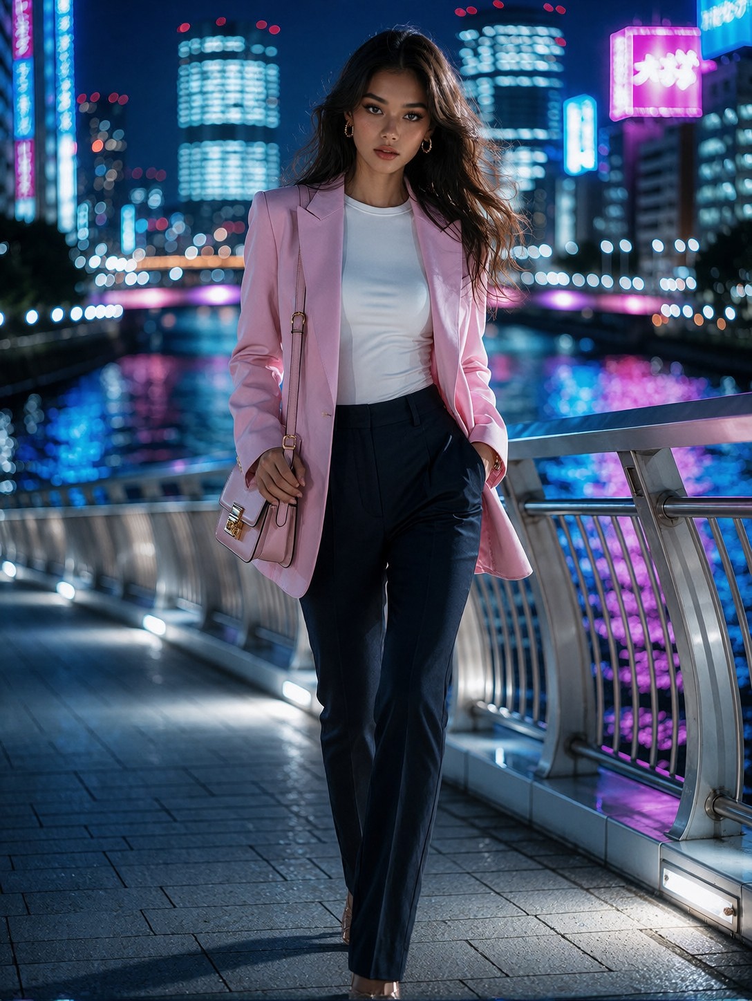 High Fashion Woman Walking In Neon Tokyo — AI generated image