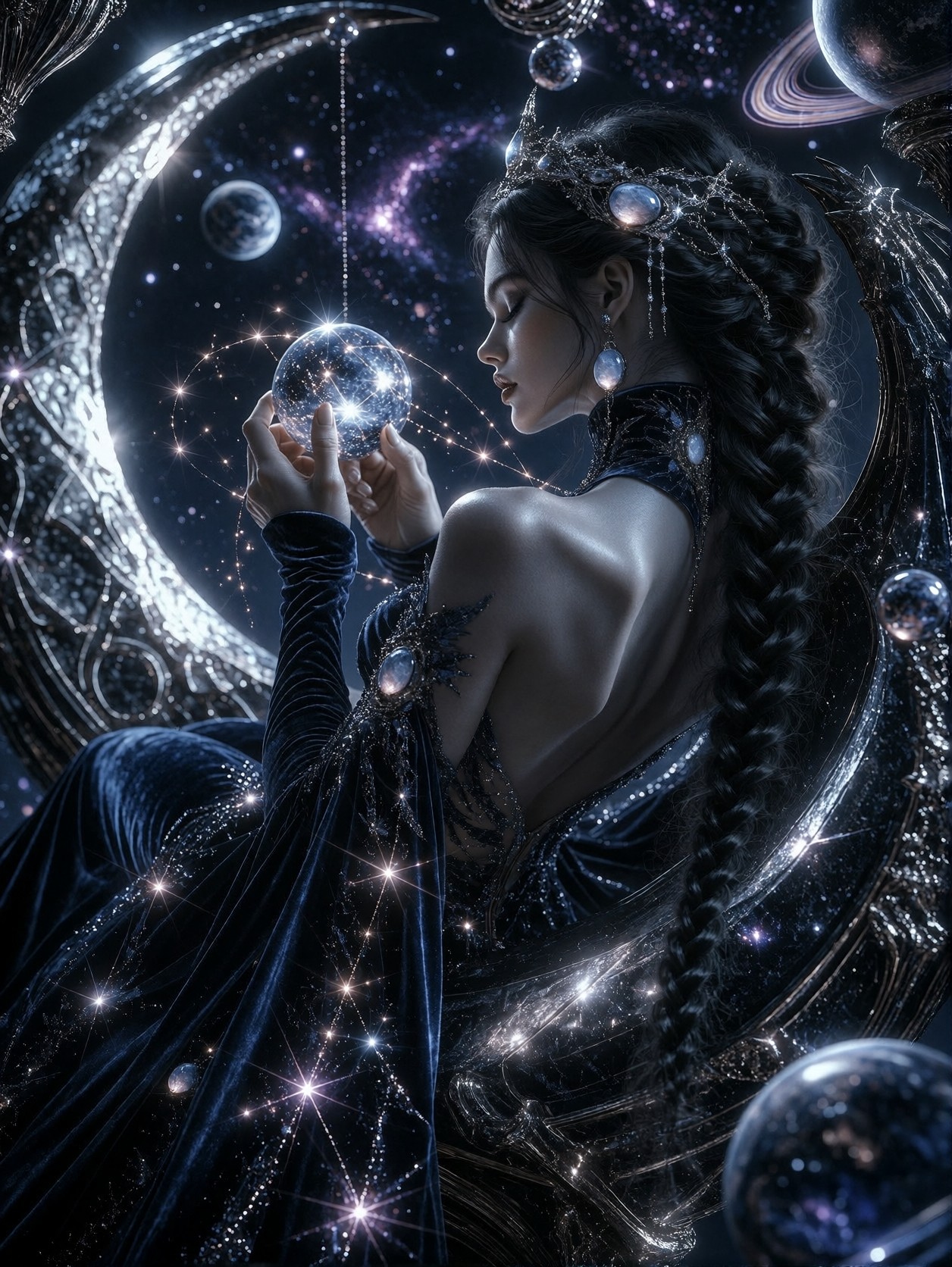 Goddess Weaving Stars In Cosmic Temple — AI generated image