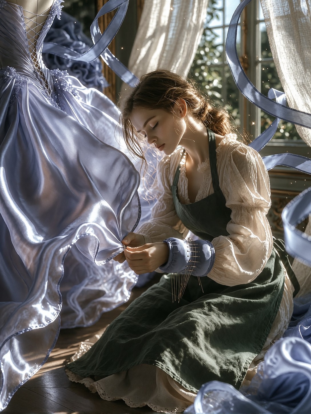 Seamstress Pinning Floating Silk Gown — AI generated image