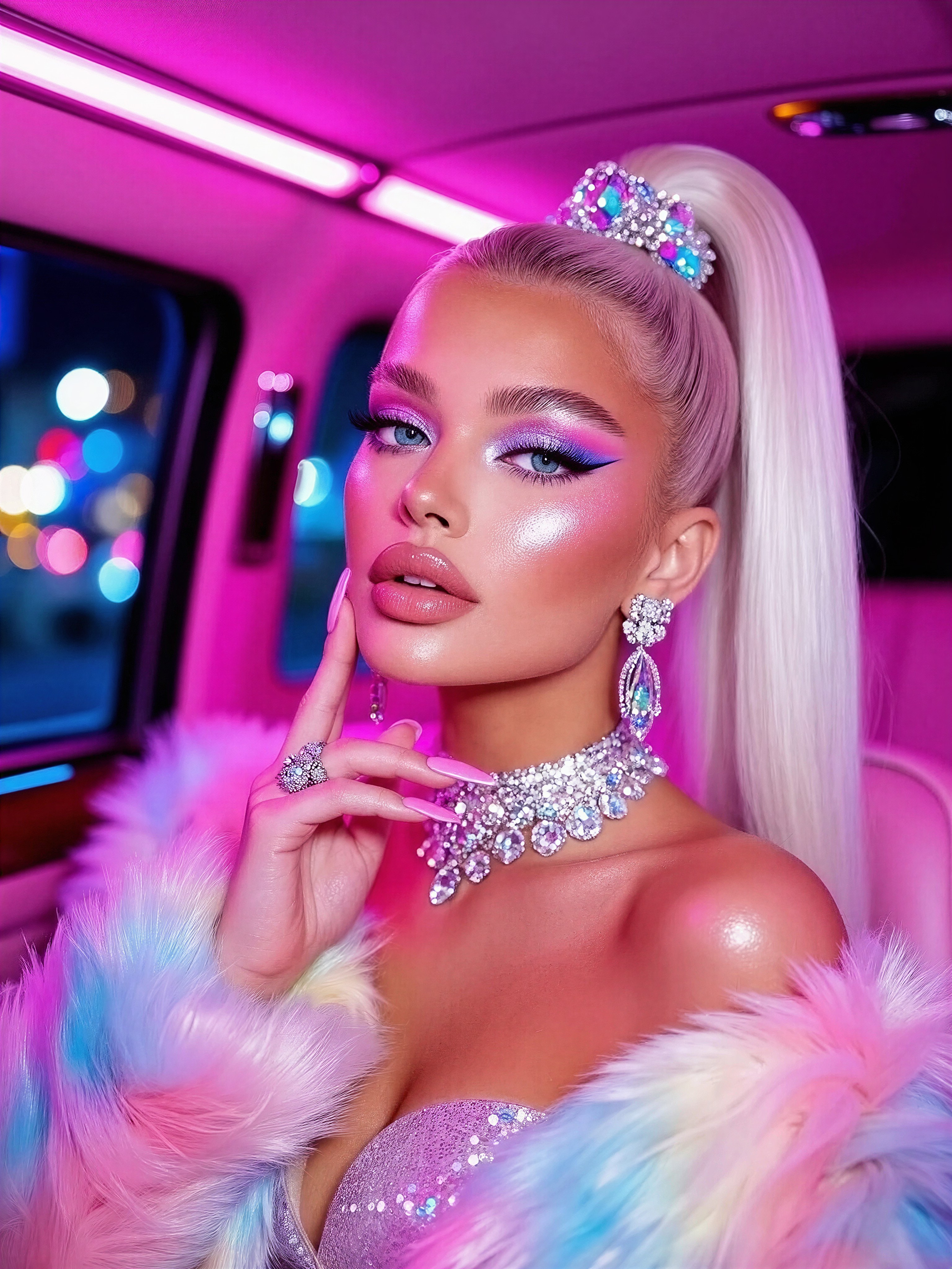 Glamorous Platinum Blonde in Luxury Limousine — AI generated image