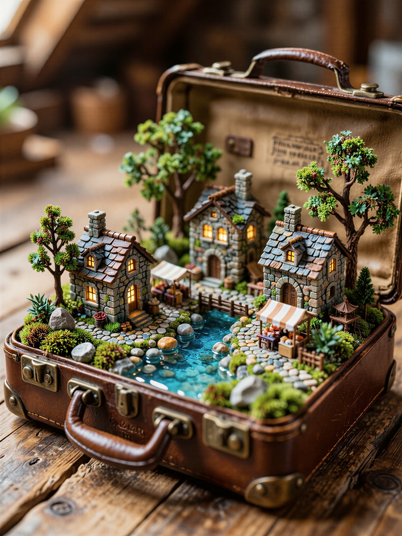 Tiny Fantasy Village in Vintage Suitcase — AI generated image