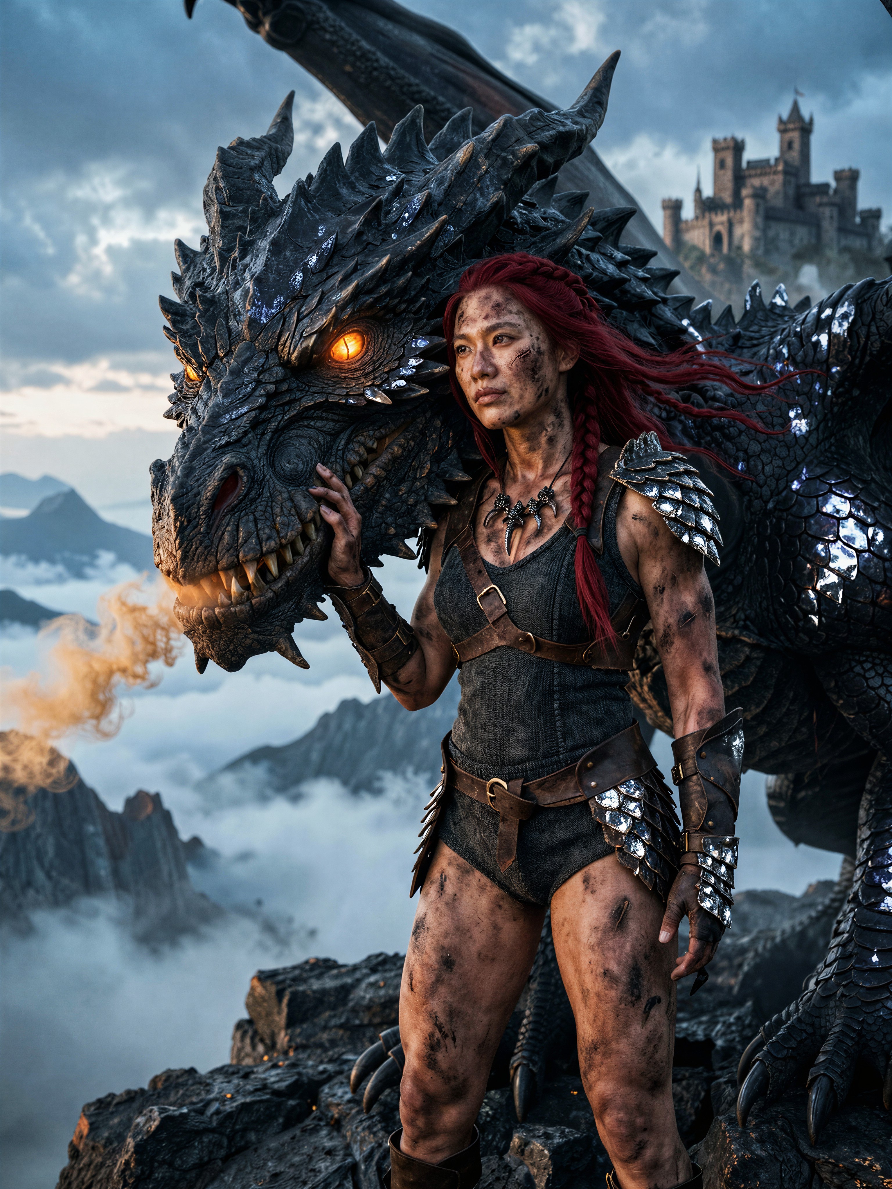 Courageous Dragon Keeper with Colossal Black Dragon — AI generated image
