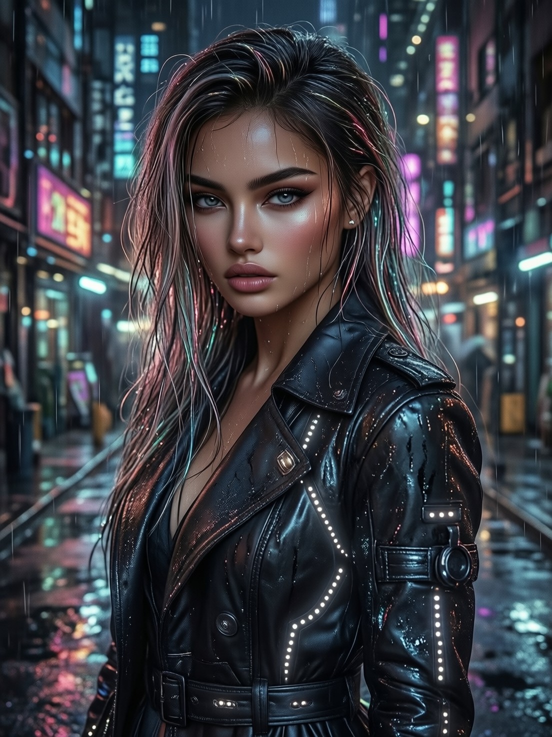 Neon-Drenched Cyberpunk Woman — AI generated image