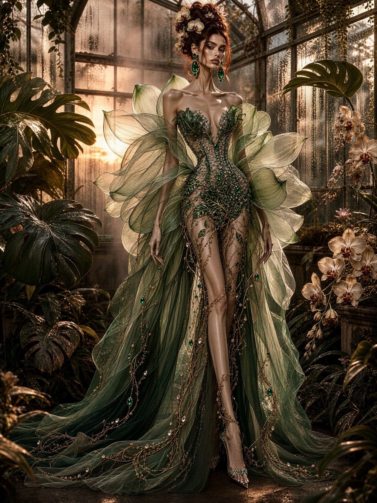 Emerald Botanical Couture Portrait — AI generated image