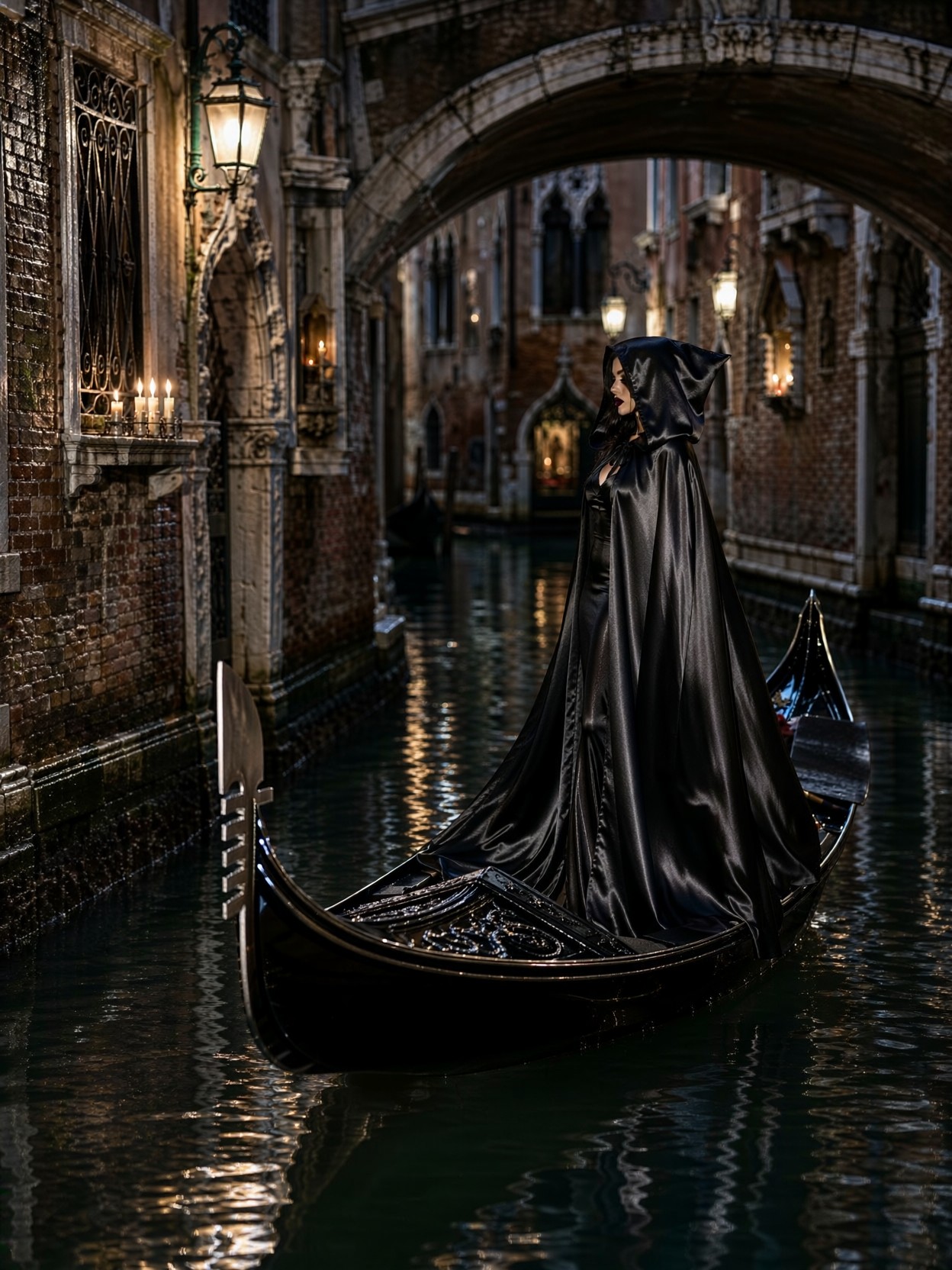 Mysterious Woman In Venetian Night Gondola — AI generated image