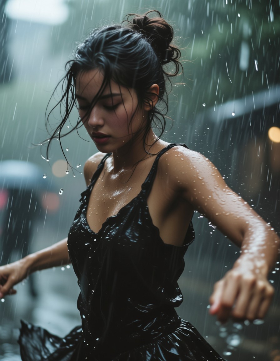 Rain-Drenched Dancer with Messy Hair — AI generated image