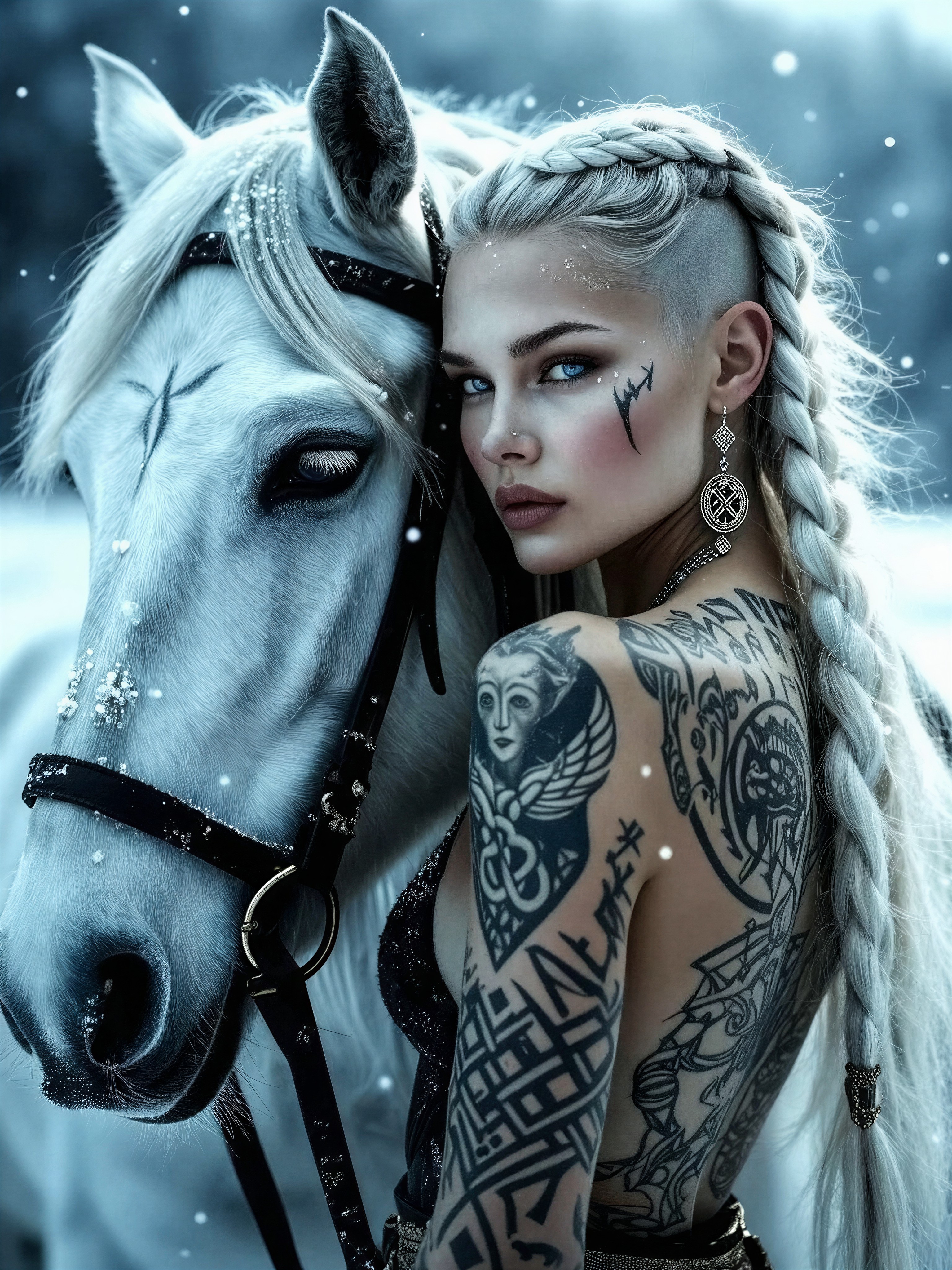 Nordic Shieldmaiden with Majestic White Horse — AI generated image