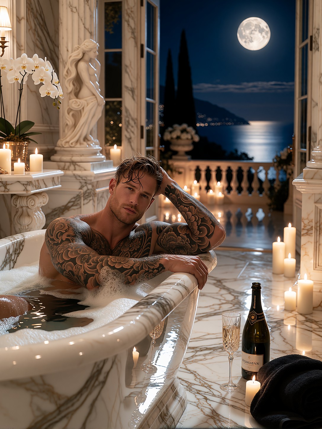 Muscular Man In Marble Bathtub — AI generated image