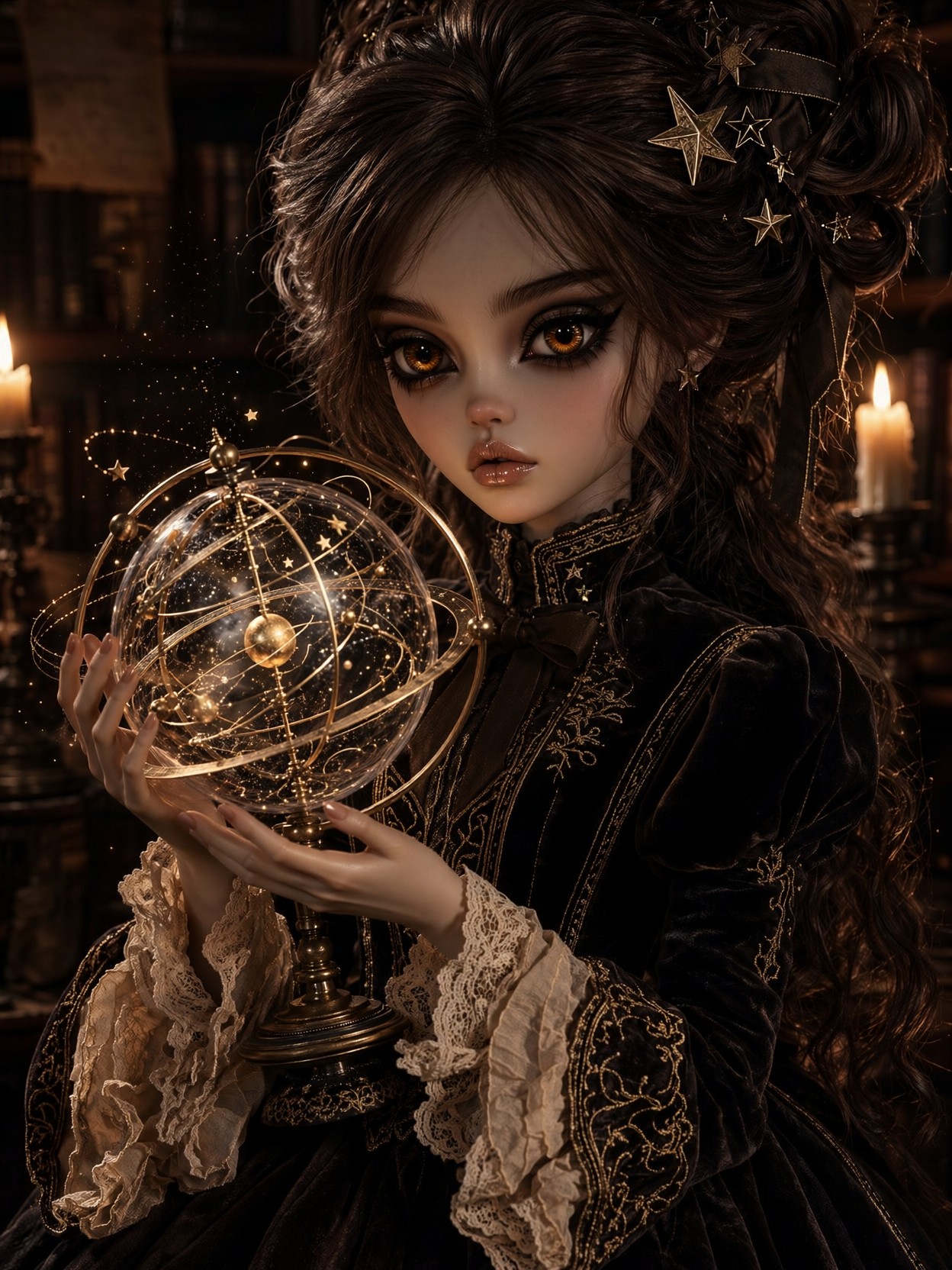 Enigmatic Witch Holding Golden Orrery — AI generated image