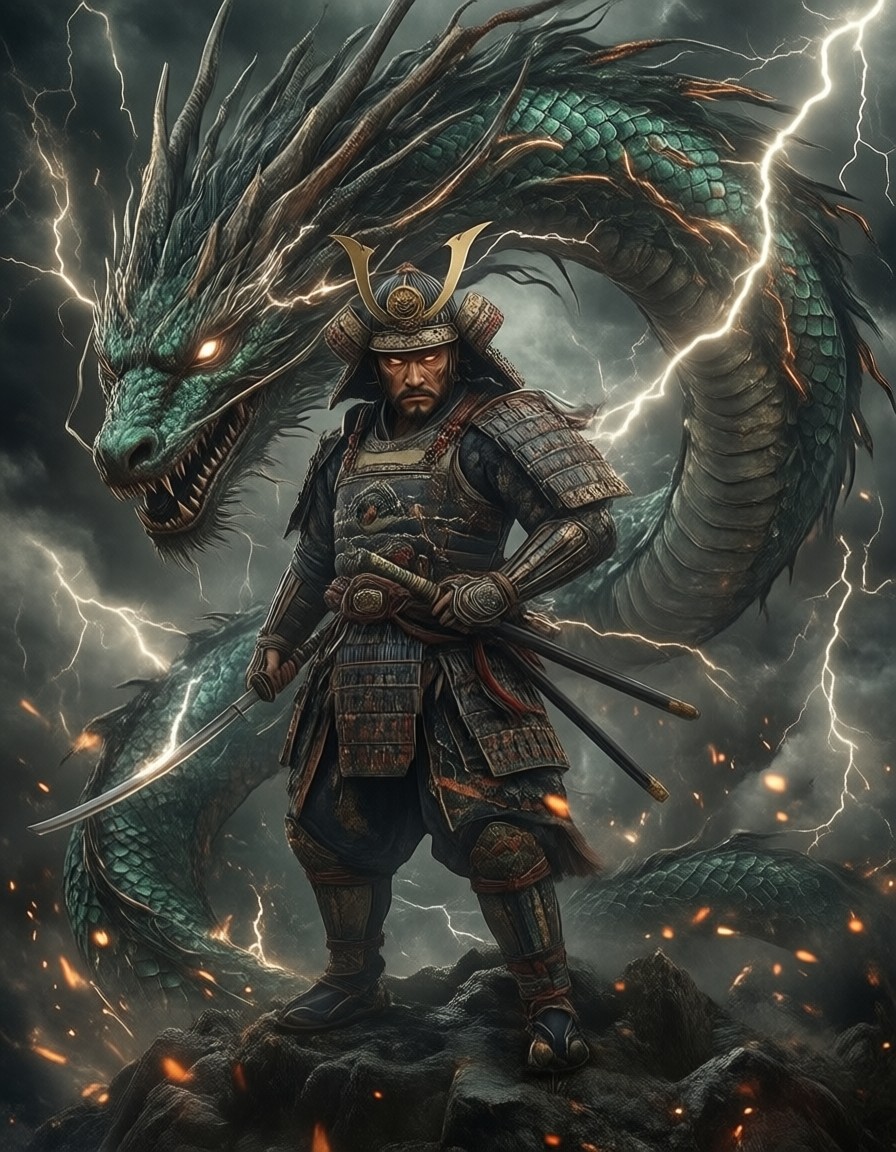 Thunderstorm Warrior and Dragon — AI generated image
