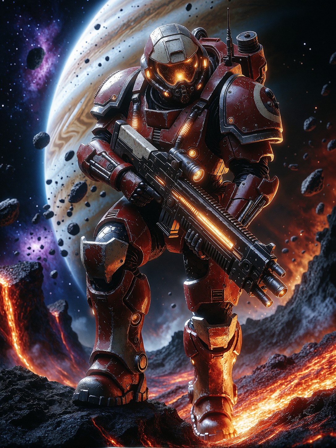 Armored Space Marine On Volcanic Surface — AI generated image
