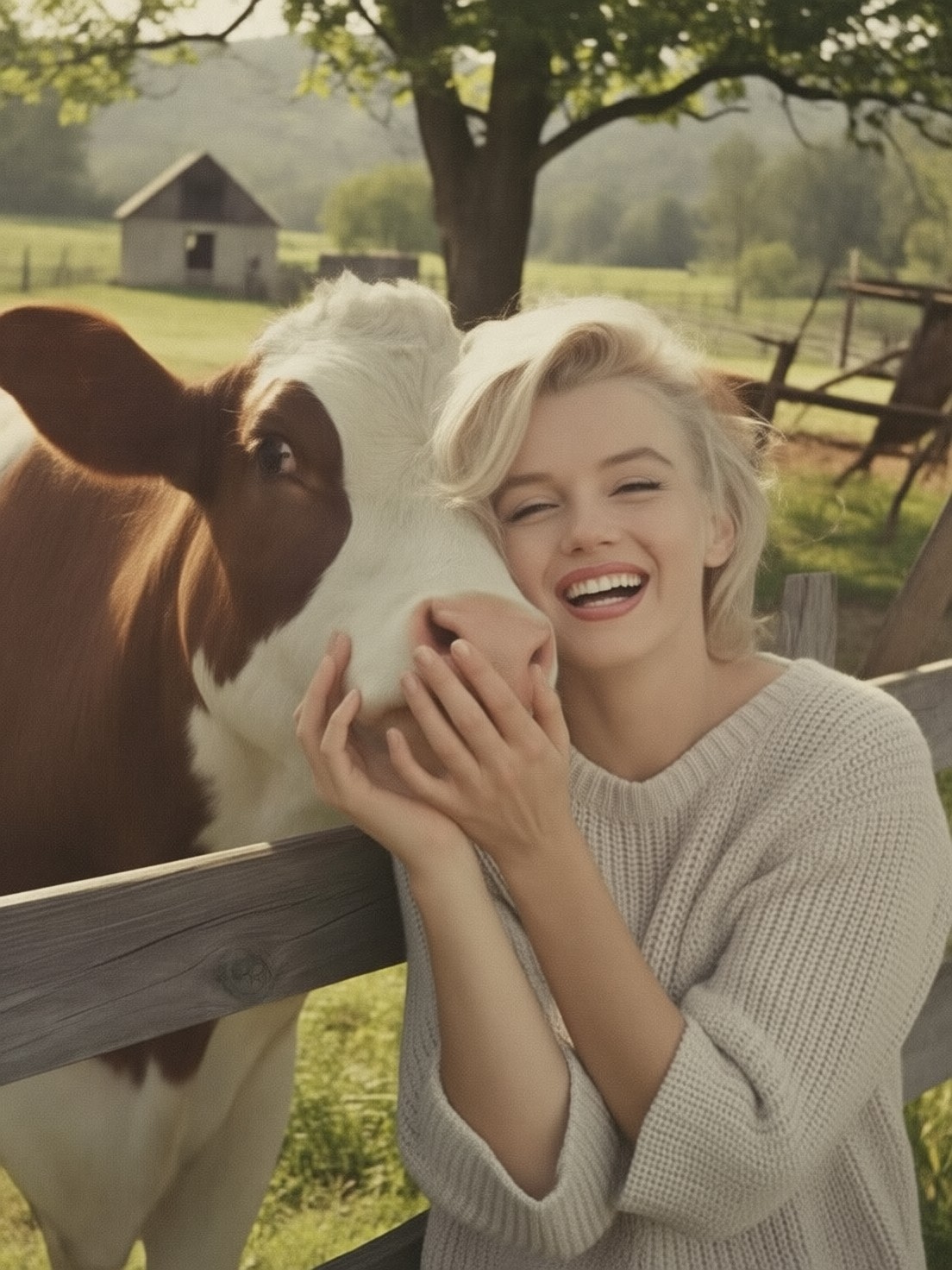 Candid Marilyn Monroe with Gentle Cow — AI generated image