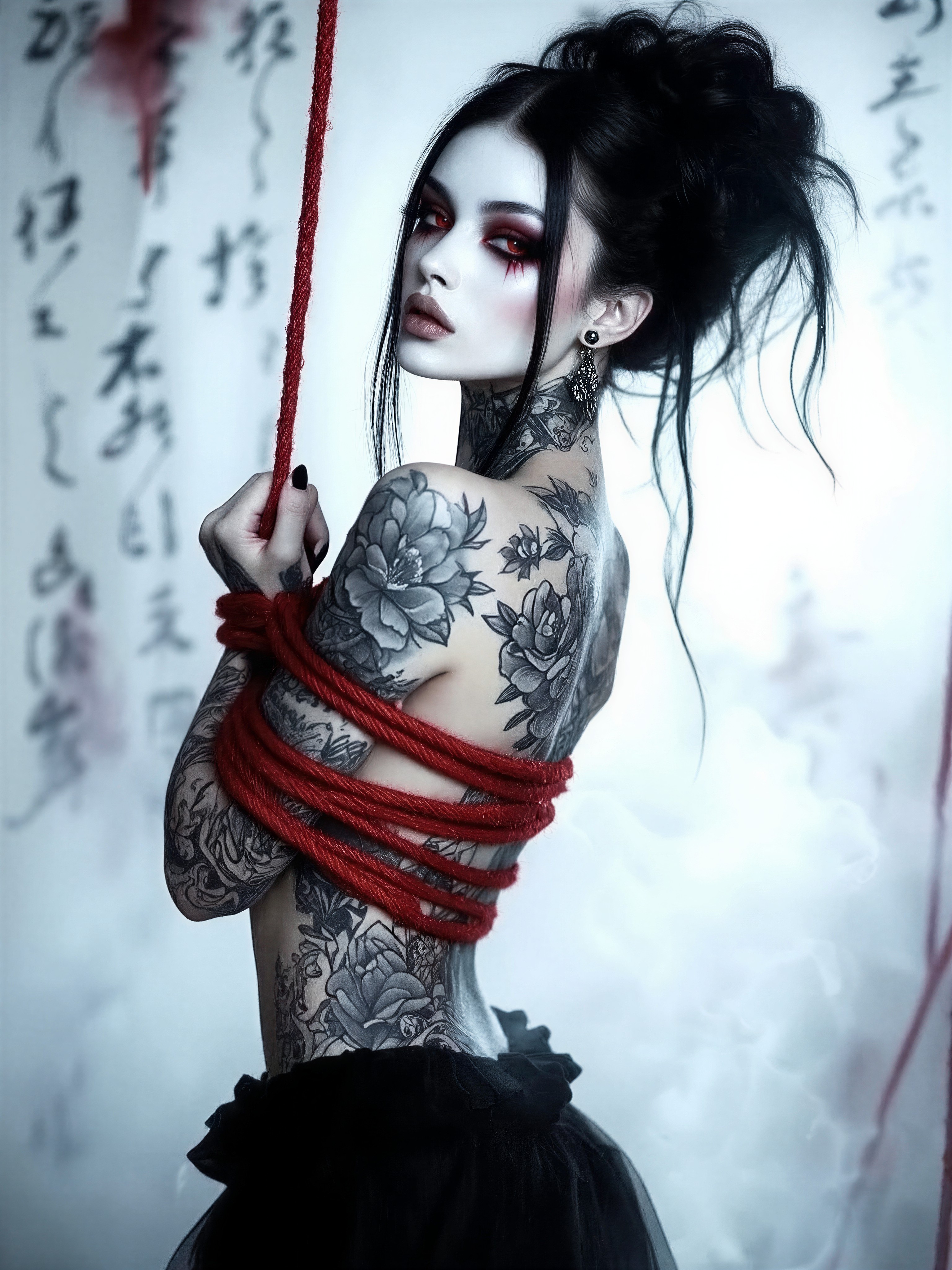Pale Gothic Woman in Crimson Ropes — AI generated image