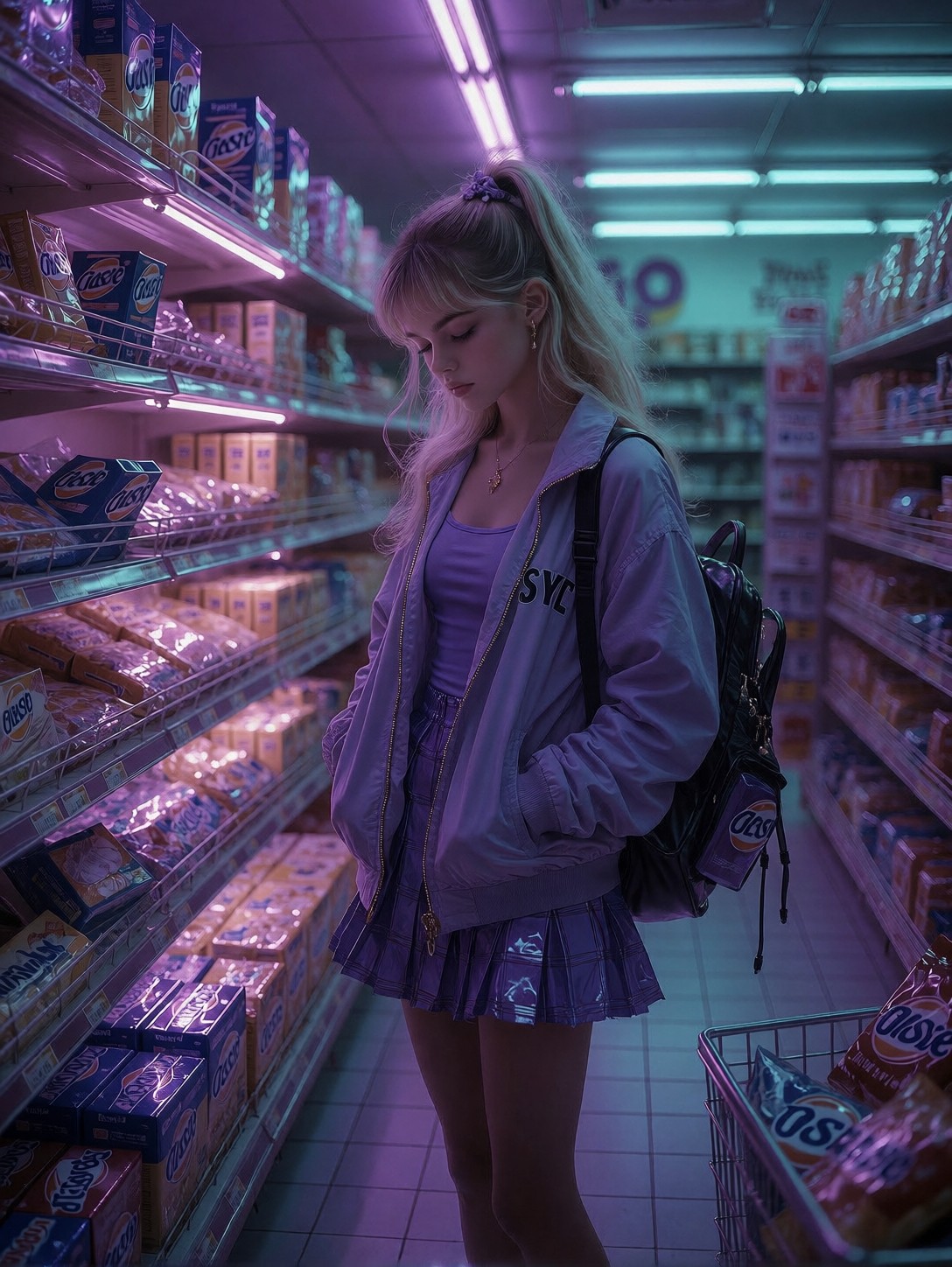 Lonely Girl in Retro Supermarket — AI generated image