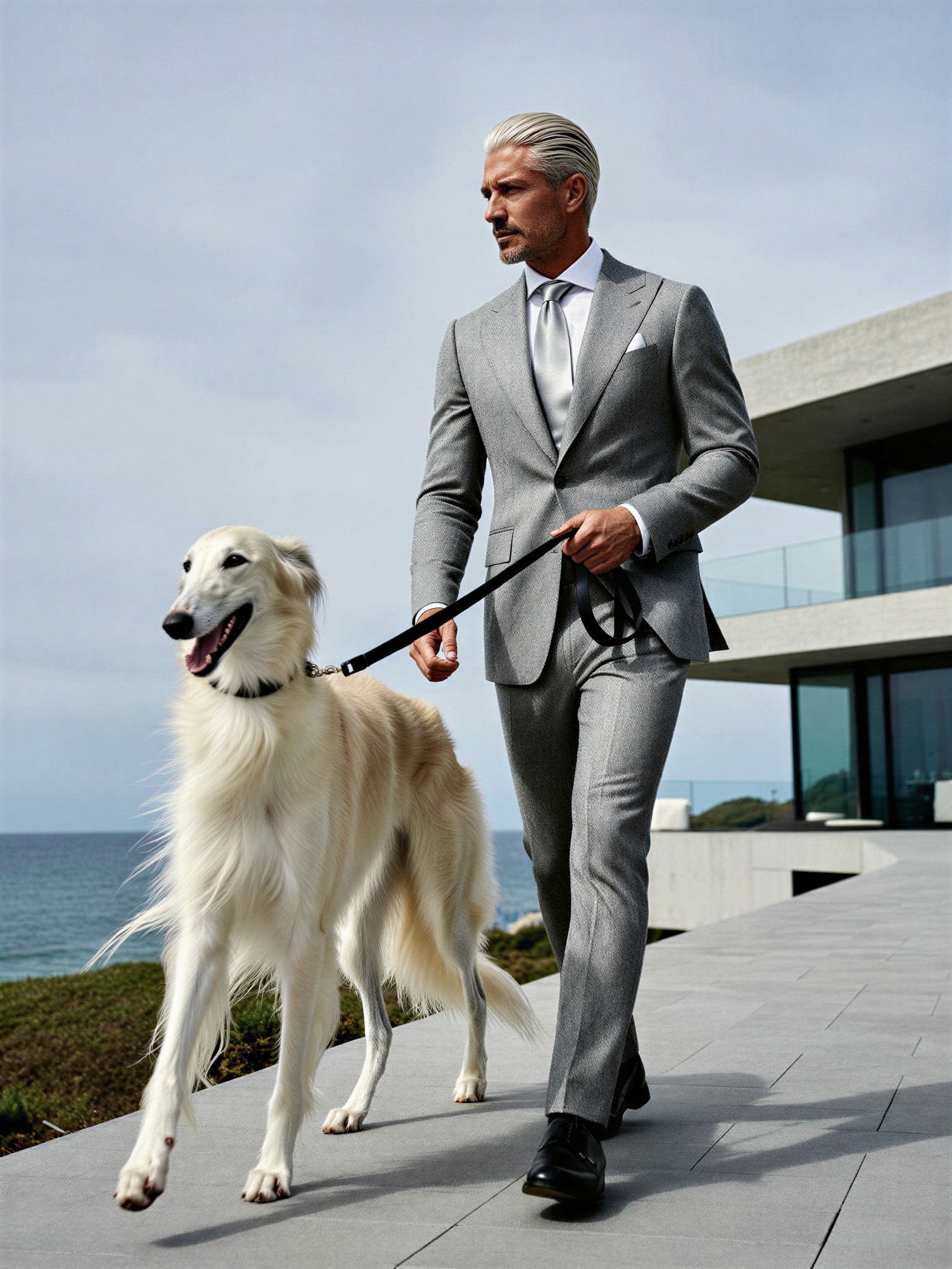 Stylish Man with Wolfhound on Modern Terrace — AI generated image