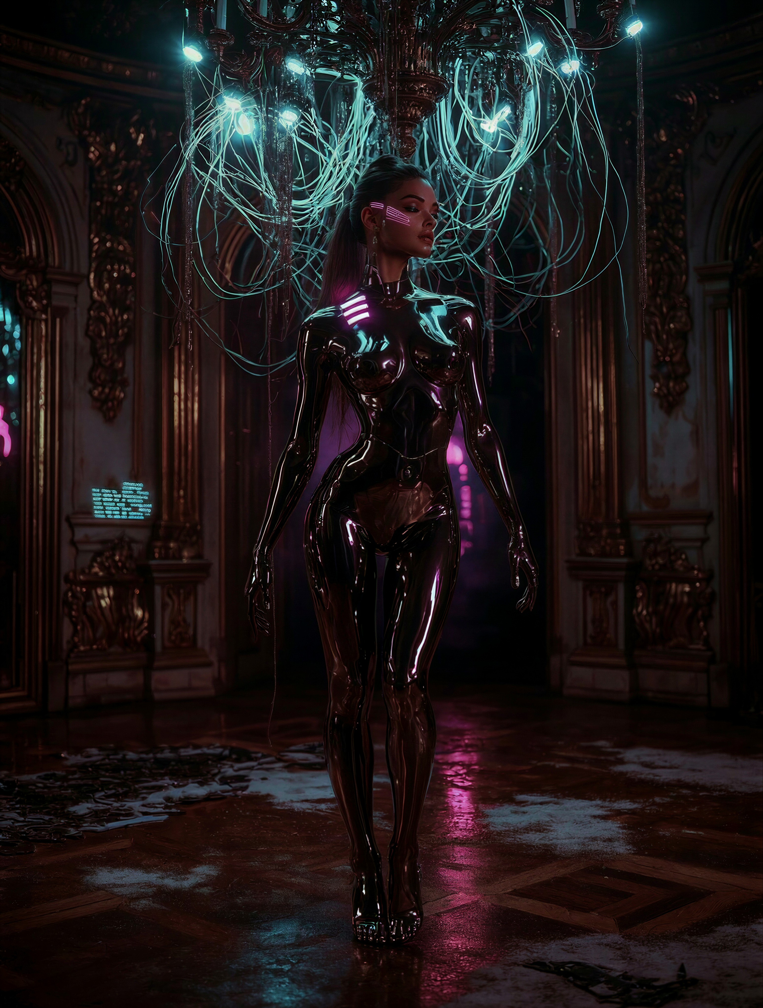Cybernetic Dancer in Neon Baroque Ballroom — AI generated image