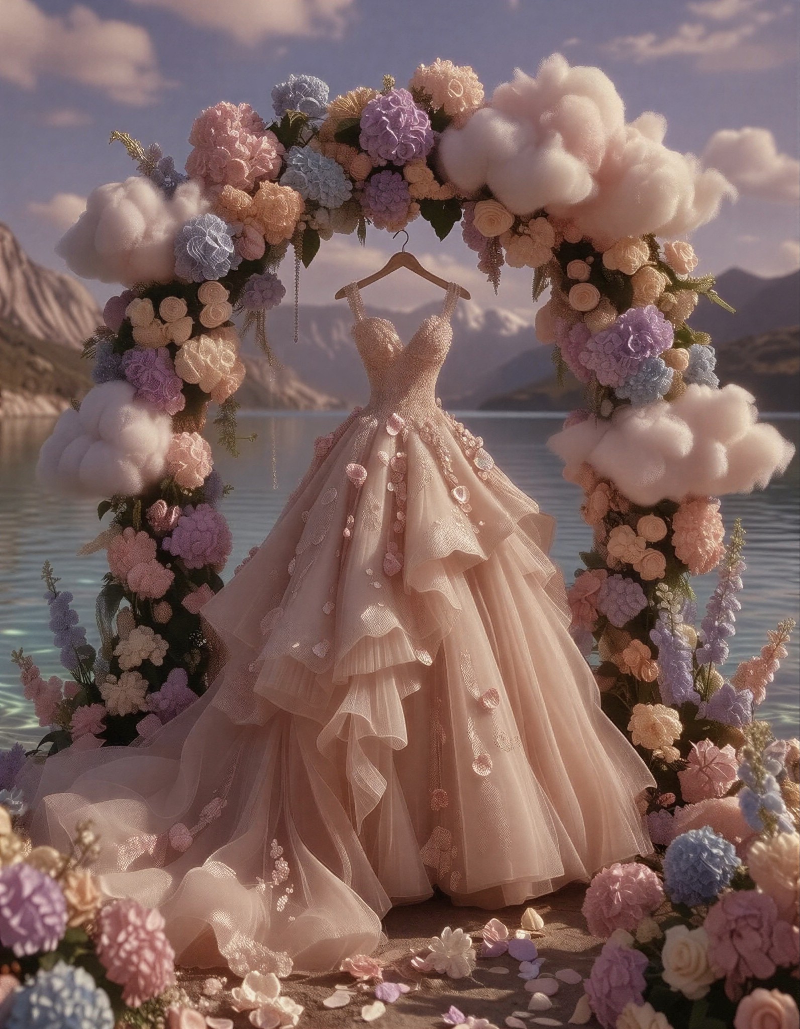 Dreamy Floral Archway and Wedding Gown — AI generated image