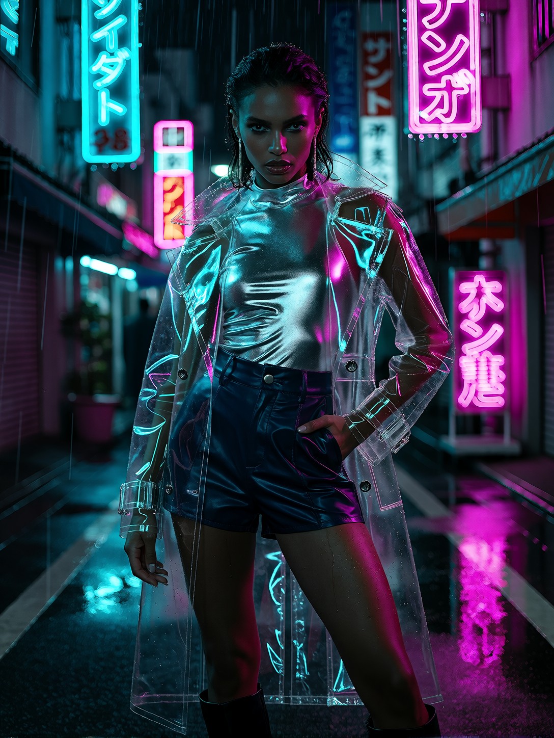 Rainy Tokyo Cyberpunk Fashion Model — AI generated image