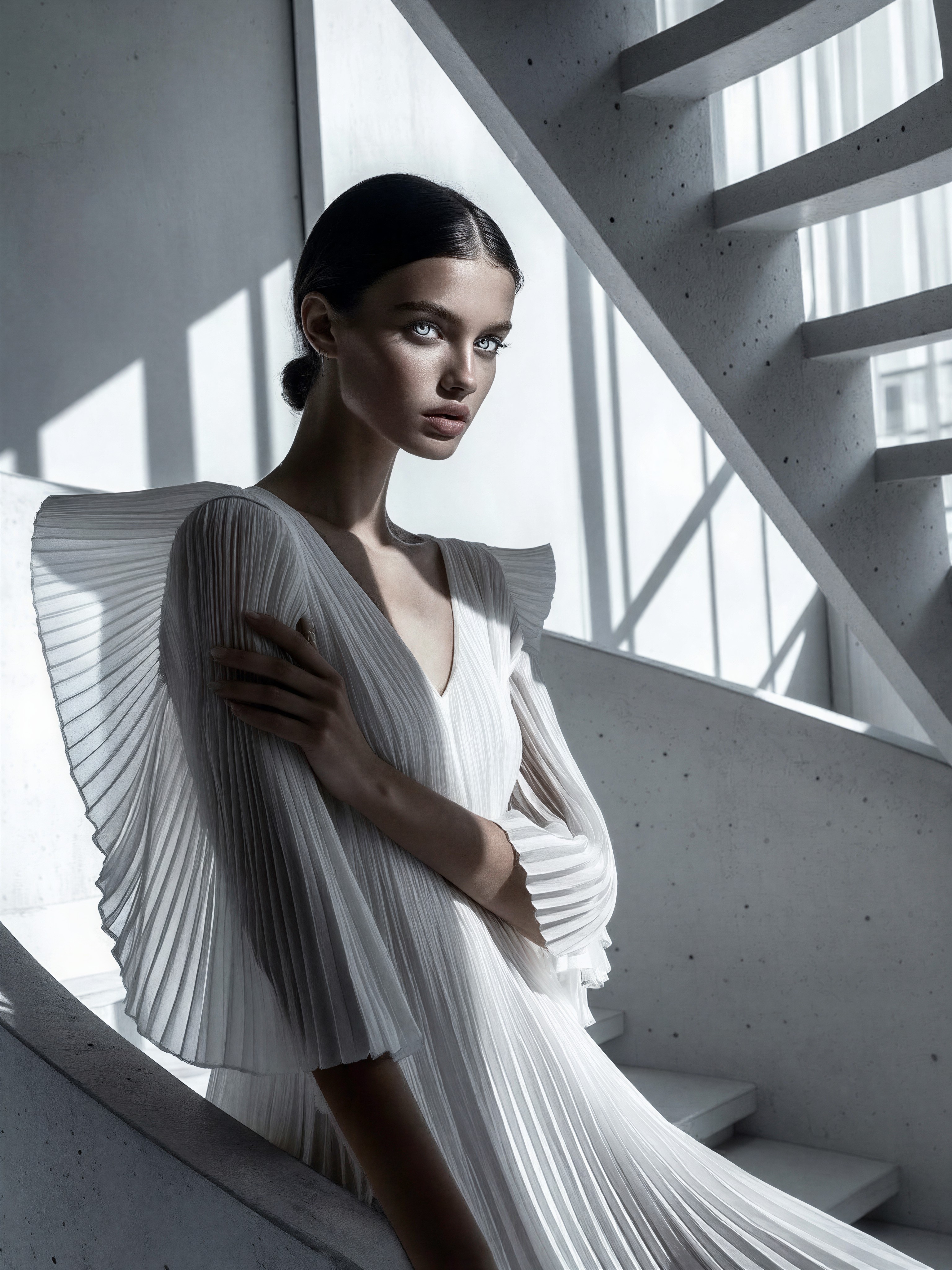 Monochrome Woman on Spiral Staircase — AI generated image