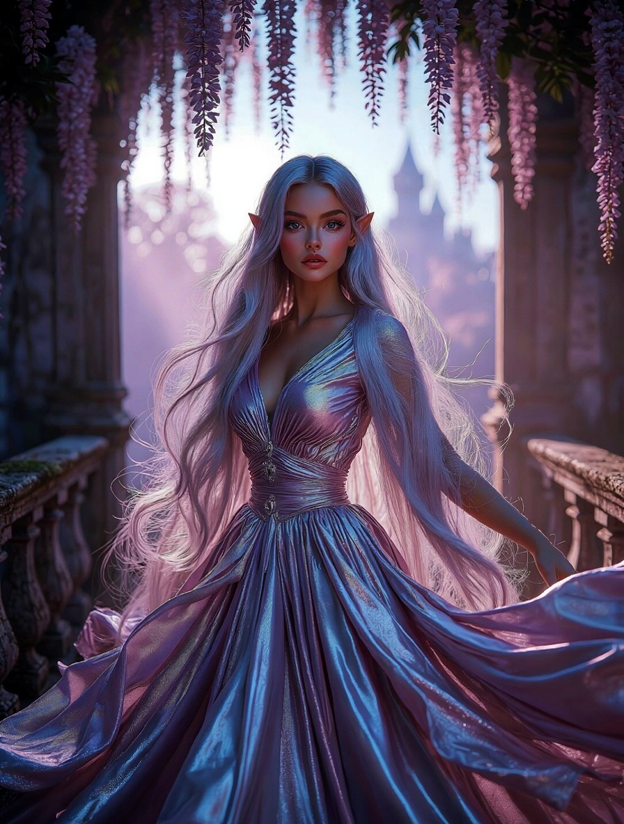 Graceful Elf on Wisteria Balcony — AI generated image