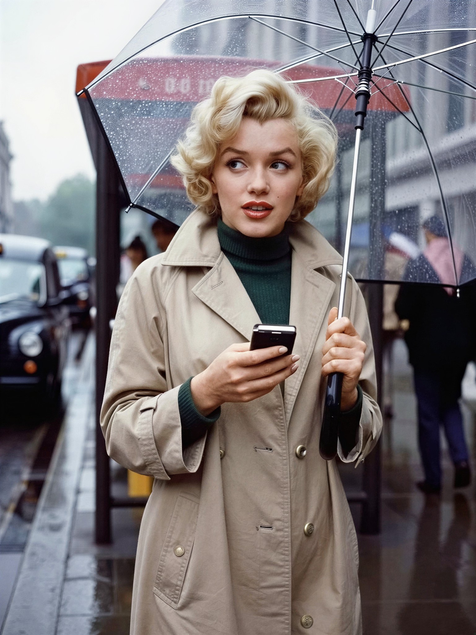 Marilyn Monroe at Rainy London Bus Stop — AI generated image
