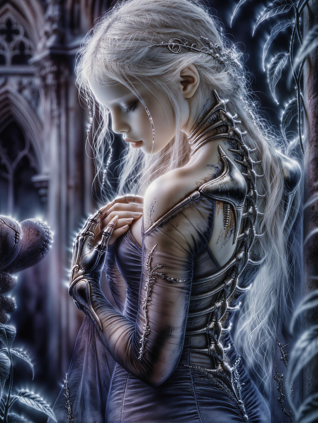 Ethereal Gothic Girl With Chrome Ribs — AI generated image