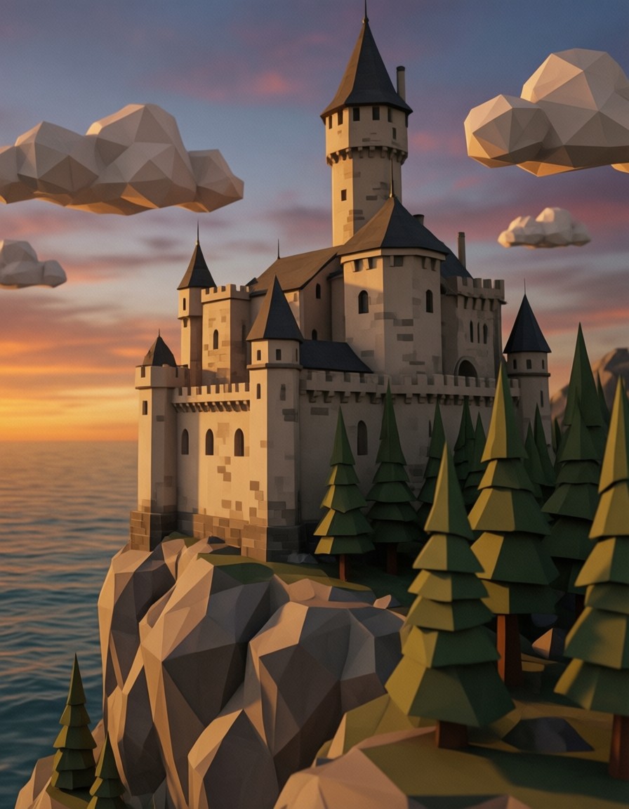 Low Poly Medieval Castle Over Rocky Cliff at Sunset — AI generated image