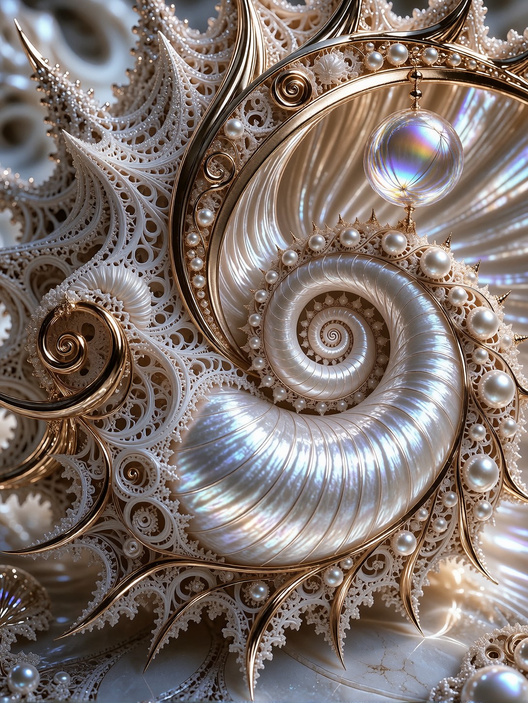 Golden Fractal Seashell Sculpture Macro Detail — AI generated image