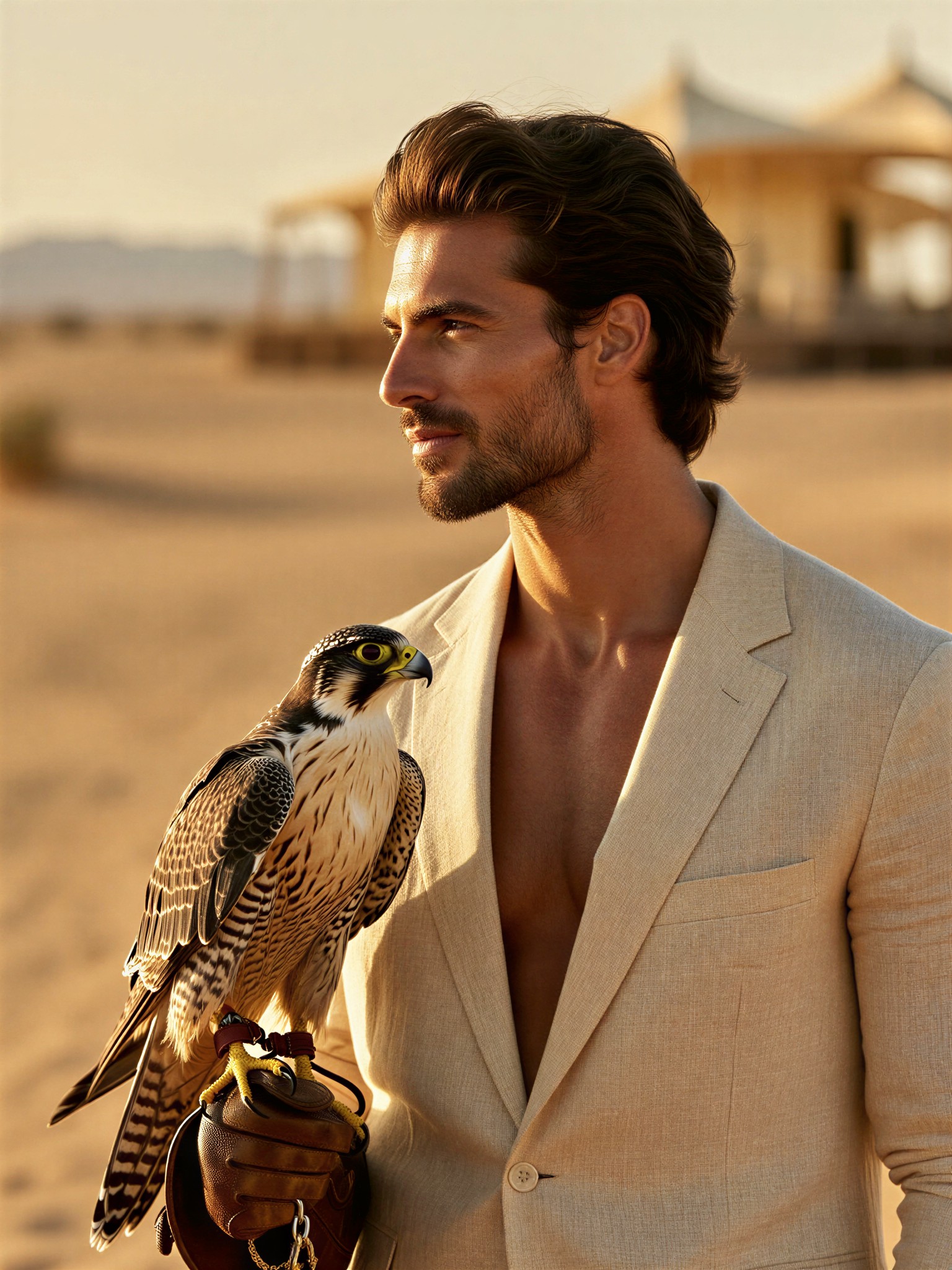 Man with Falcon in Golden Light — AI generated image