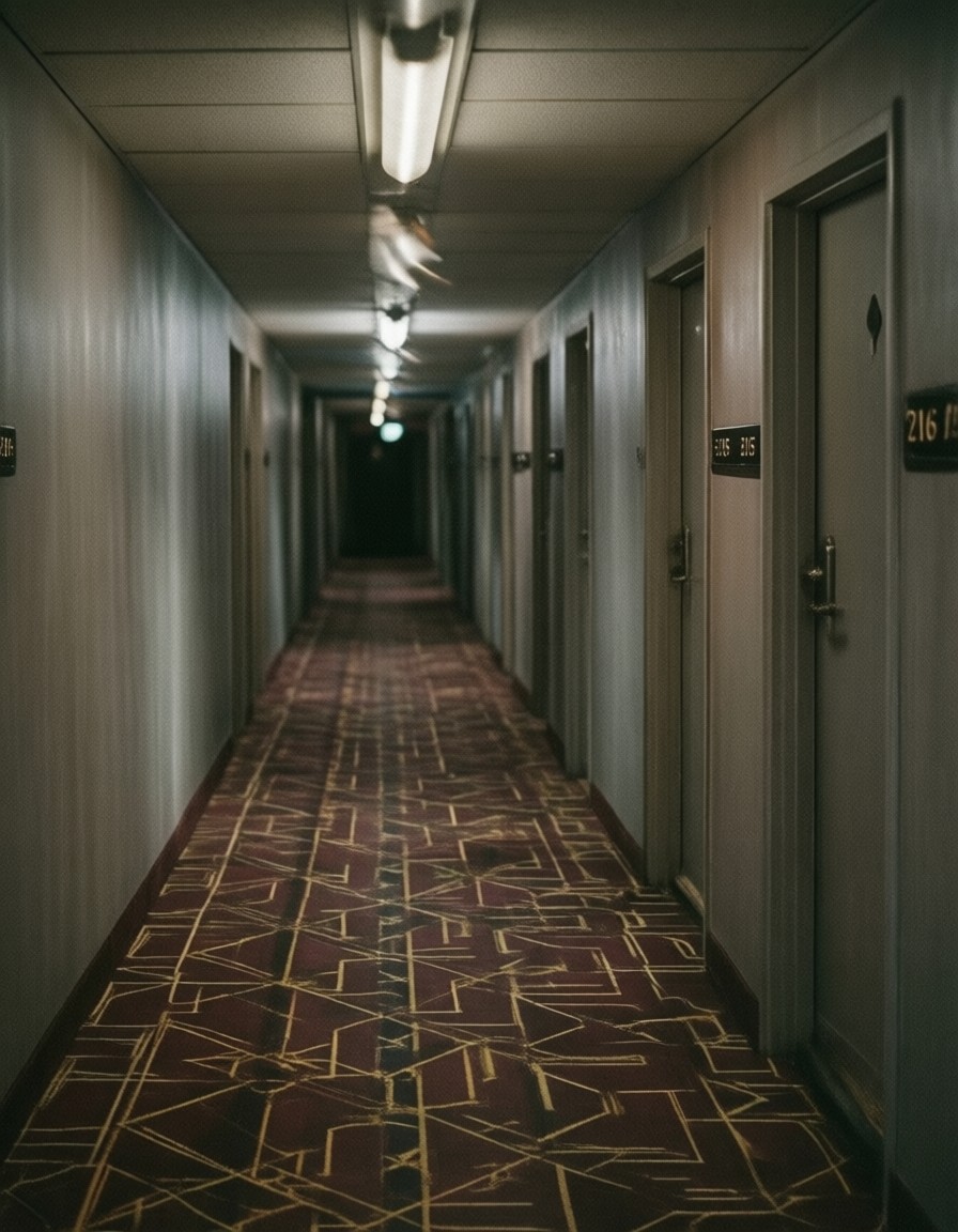 Eerie Hotel Corridor with Geometric Carpet and Flickering Lights — AI generated image